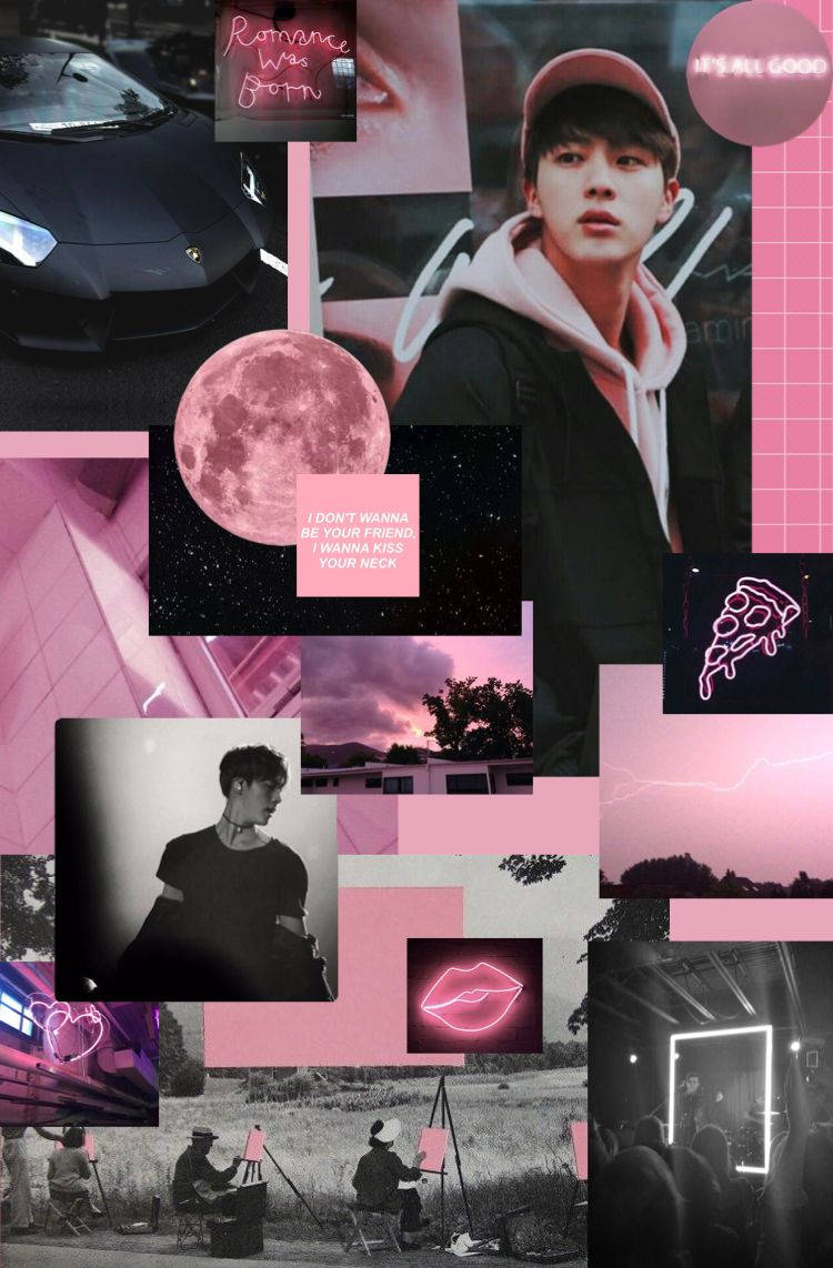 Jin Bts Cute 桌布 壁紙 — 一幅充滿活力的粉紅色調拼貼畫，以年輕男子、跑車、月亮、披薩和霓虹嘴唇為特色，背景為城市和自然場景。