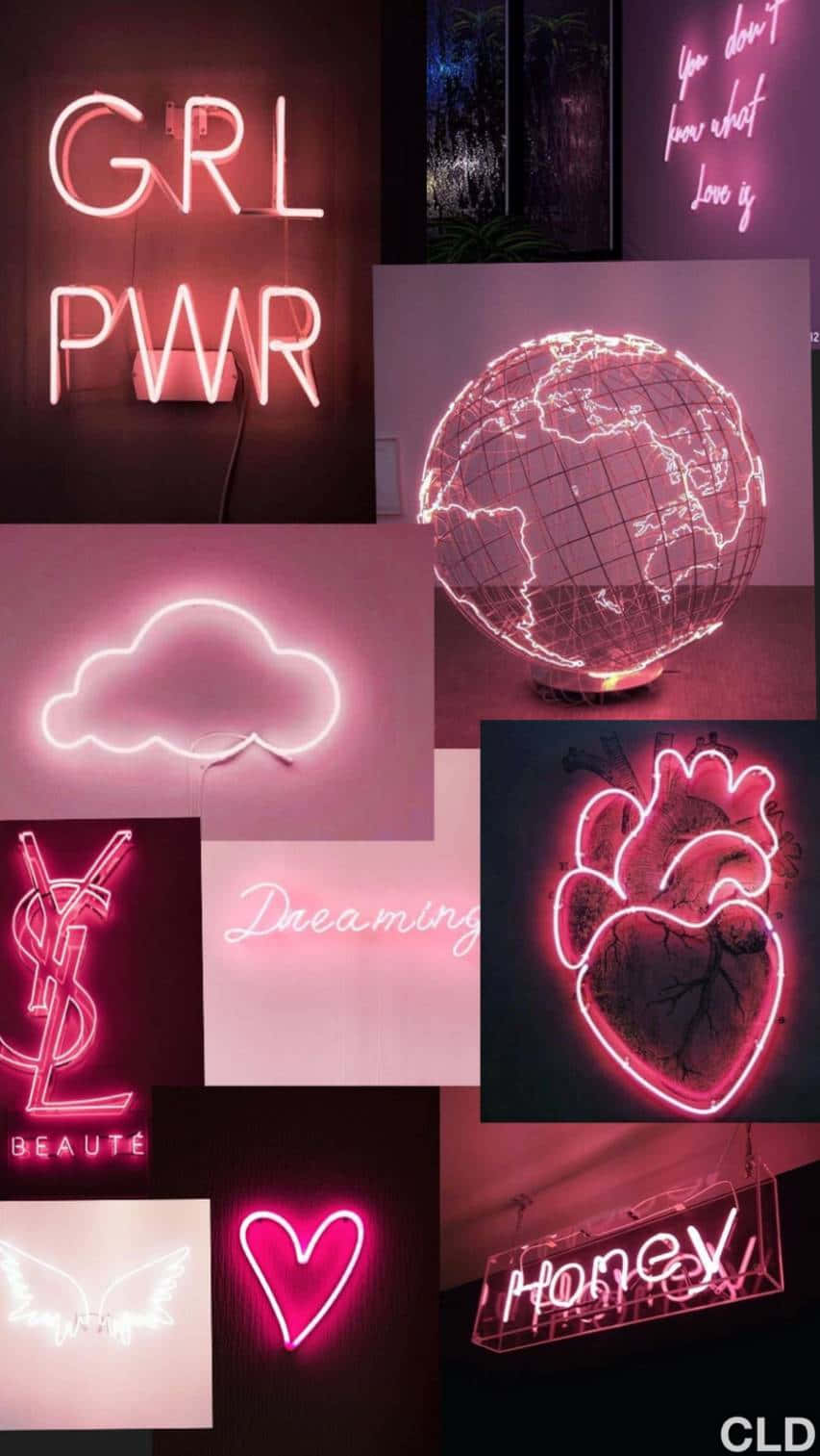 Neon Aesthetic Phone 桌布 壁紙 — 一幅充滿活力的粉紅色霓虹拼貼畫，在深色牆壁上展示發光的 'GRL PWR'、心形、地球、雲朵和品牌標誌。