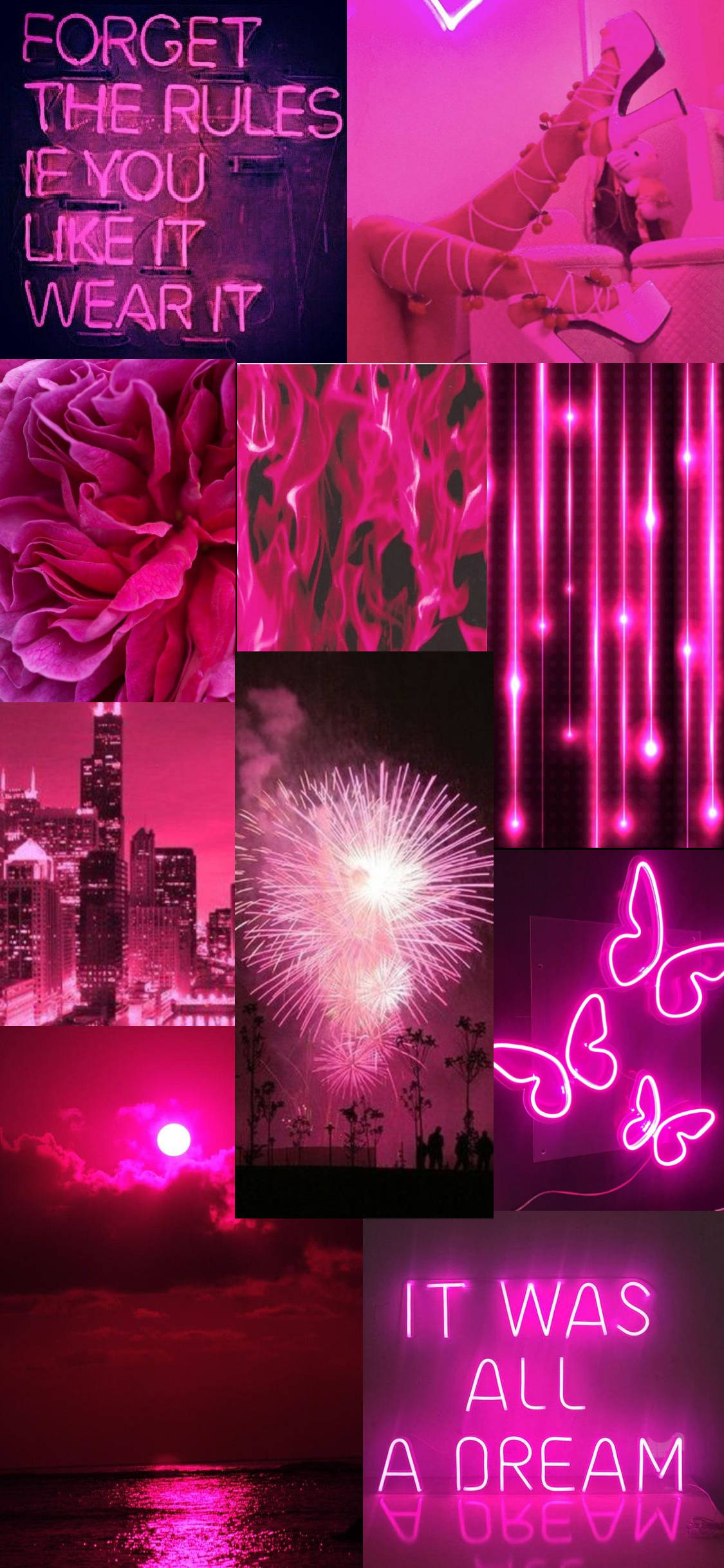 Neon Pink 桌布 壁紙 — 一幅充滿活力的粉紅色霓虹拼貼畫，以夢幻超現實風格呈現文字語錄、花朵、煙火、城市景觀和蝴蝶。