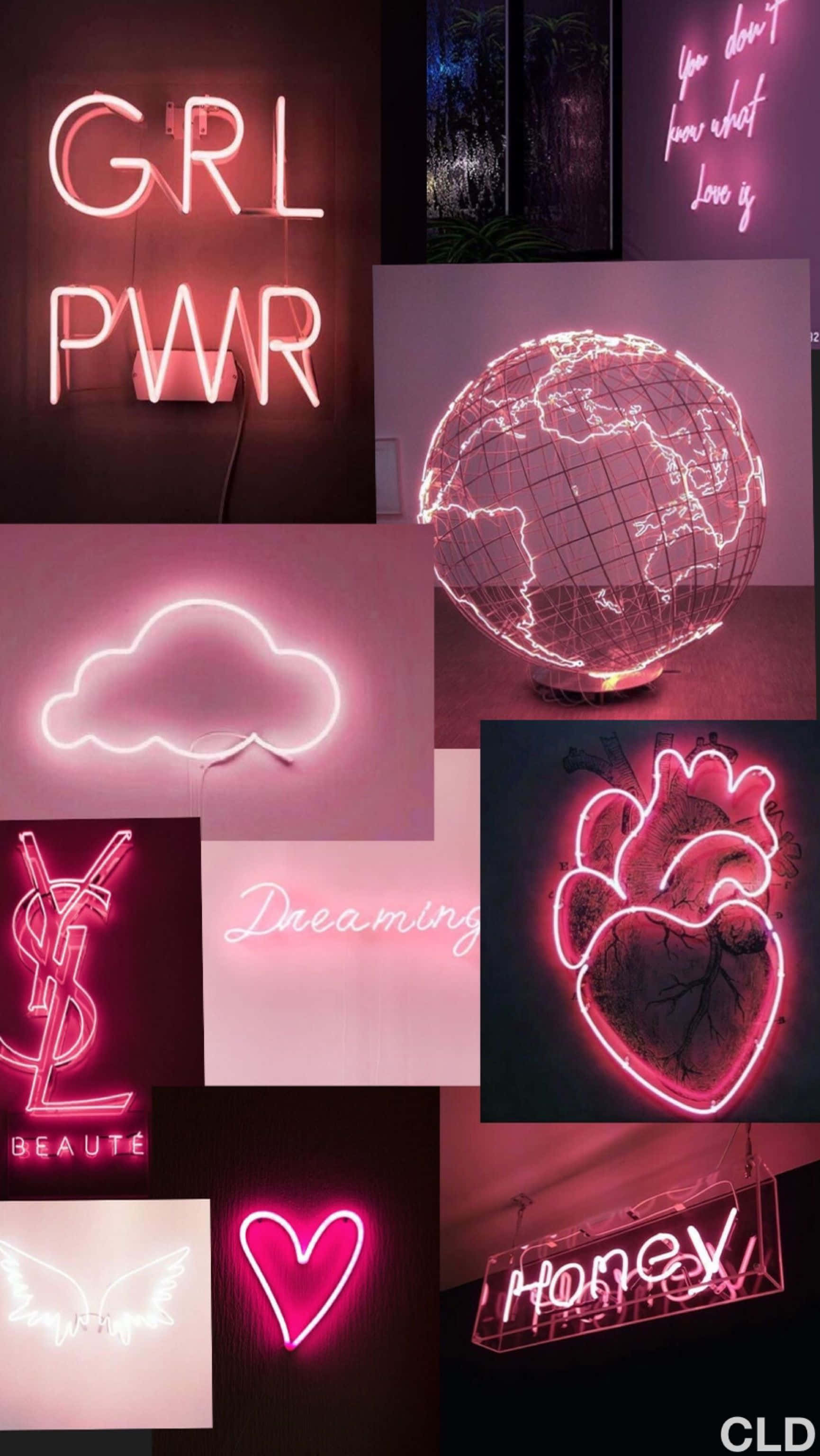 Cute Neon Pink 桌布 壁紙 — 一幅充滿活力的粉紅色霓虹拼貼畫，以黑暗牆壁為背景，展示發光的 'GRL PWR' 標誌、心形、地球、雲朵和品牌標誌。