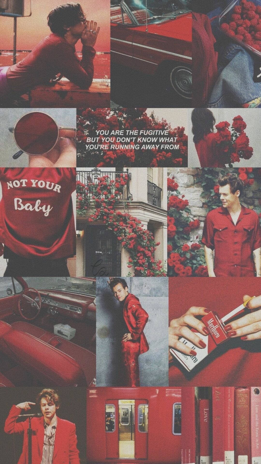 iPhone Harry Styles 桌布 壁紙 — 一幅充滿活力的紅色主題拼貼畫，展示哈利·史泰爾斯以各種姿勢與汽車、玫瑰和文字疊加。