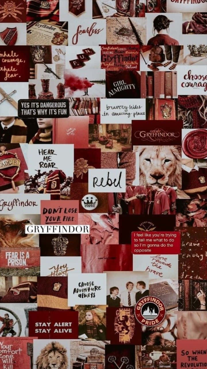 Gryffindor 桌布 壁紙 — 一幅充滿活力的紅色和酒紅色拼貼畫，以獅子圖案、名言和標誌性符號慶祝葛萊芬多學院的驕傲。