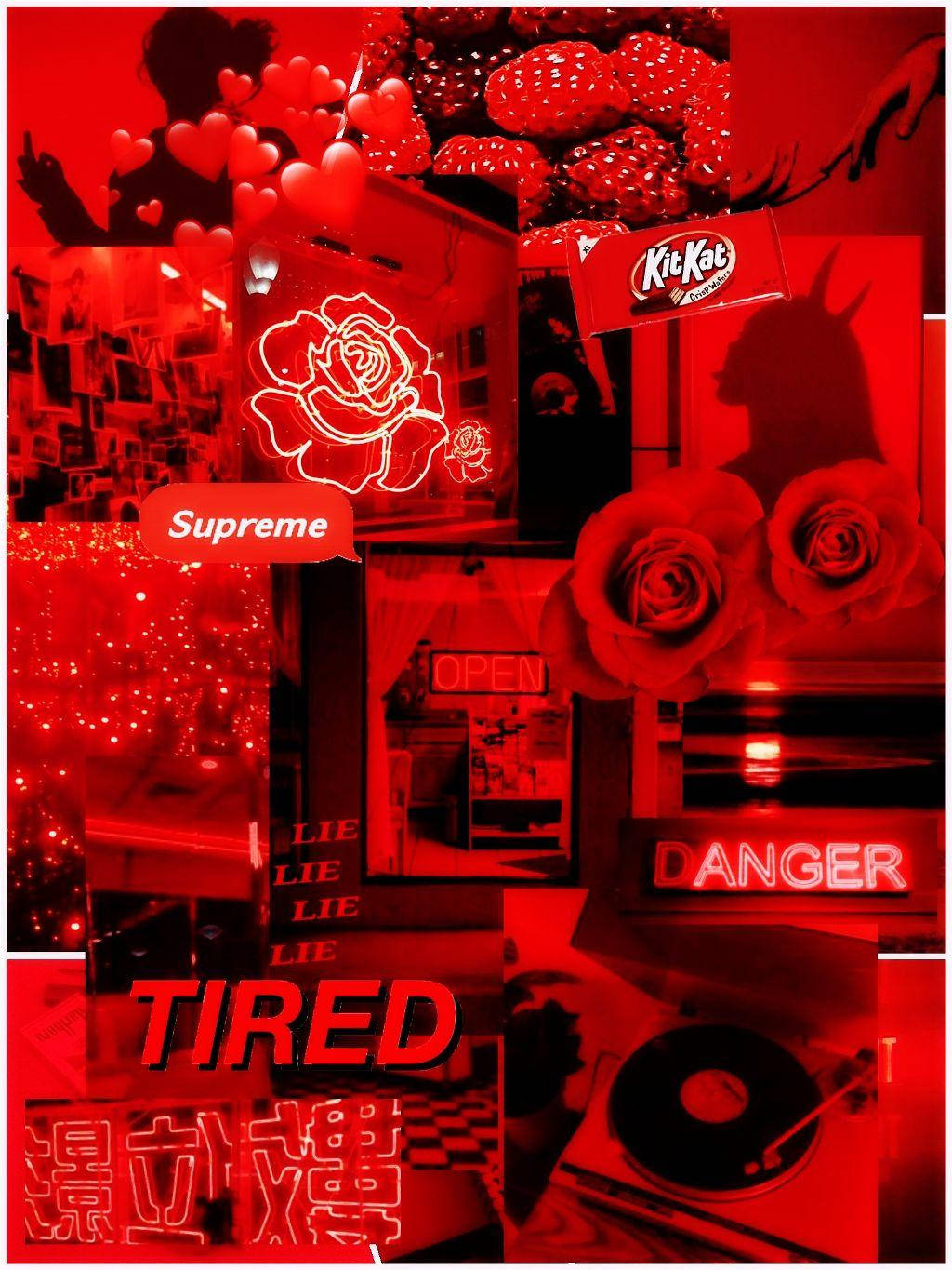 美學 桌布 壁紙 — 一幅充滿活力的紅色單色拼貼畫，包含玫瑰、KitKat 巧克力棒、Supreme 品牌標誌和霓虹燈牌，傳達大膽前衛的城市美學。