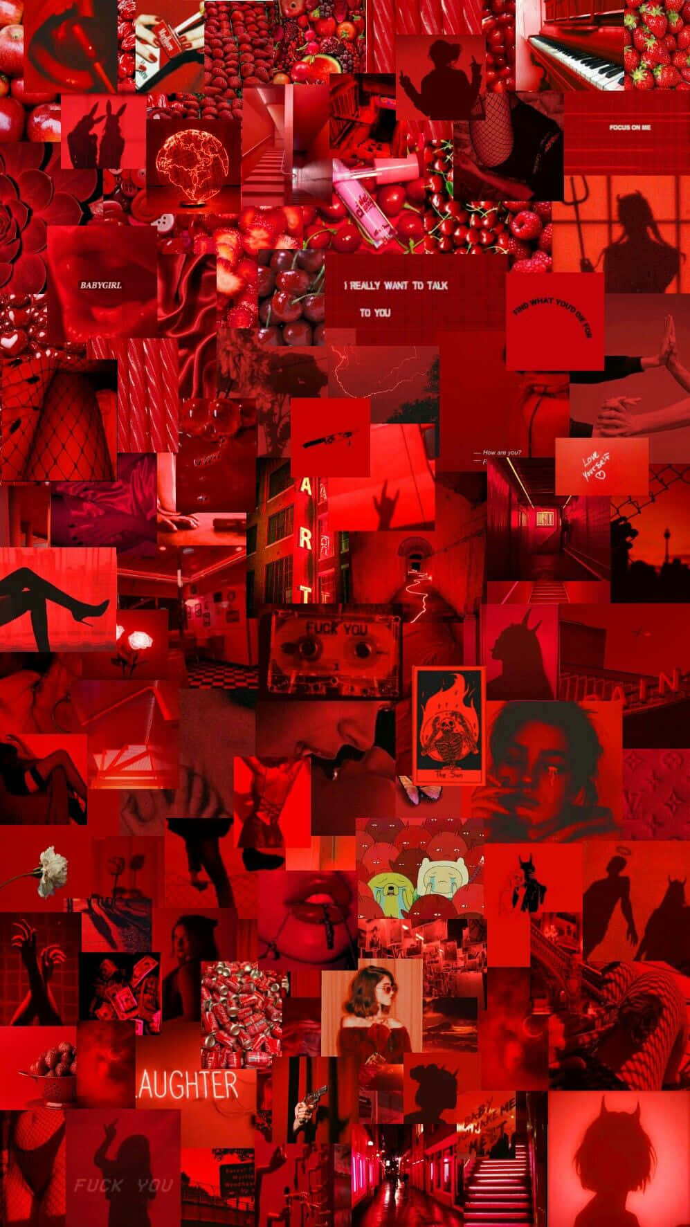Aesthetic Red 桌布 壁紙 — 一幅充滿活力的紅色調拼貼畫，包含碎片化的圖像，包括剪影、面孔、文字和物體，營造出混亂的情感氛圍。