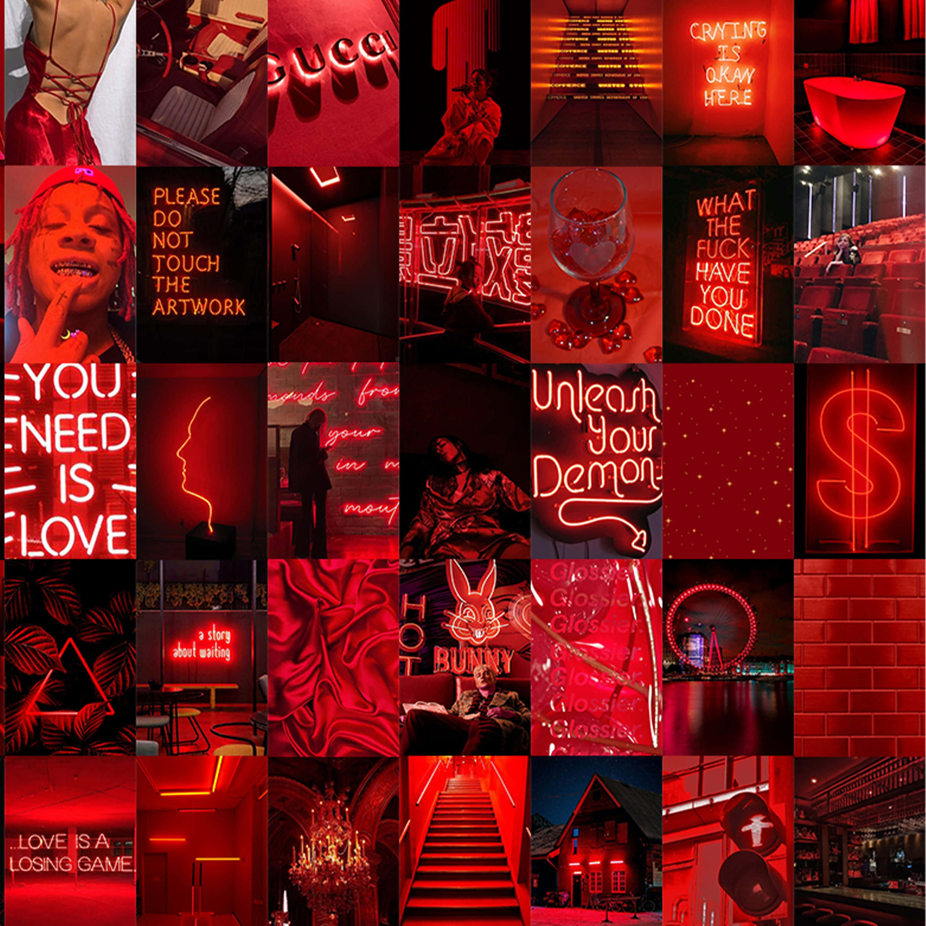 Red Collage 桌布 壁紙 — 一幅充滿活力的紅色調拼貼畫，包含霓虹燈牌、挑釁性文字、奢華室內設計和大膽的時尚時刻。