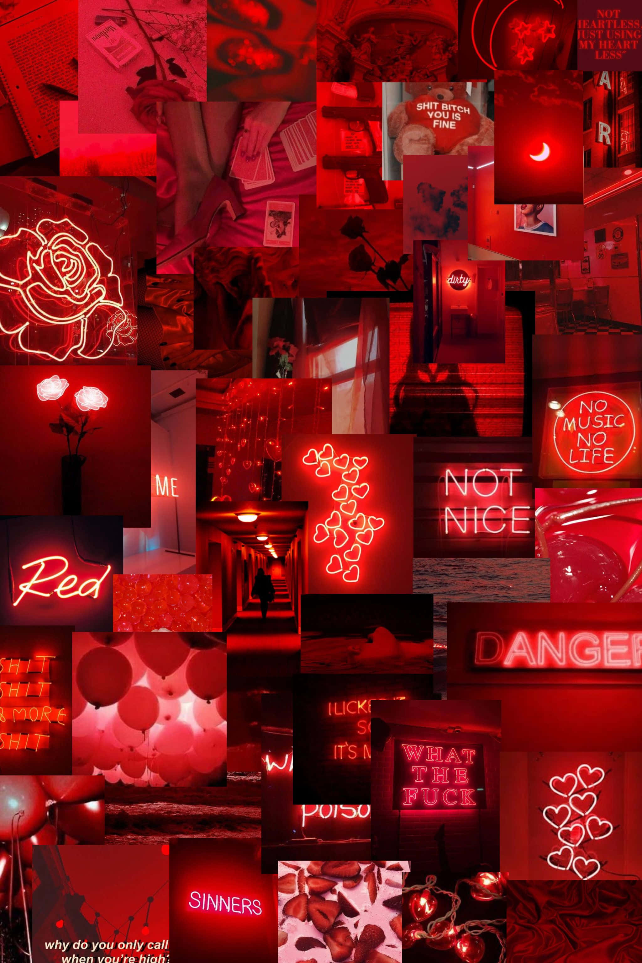 Aesthetic Red 桌布 壁紙 — 一幅充滿活力的紅色調拼貼畫，包含霓虹燈牌、心形圖案和文字片段，營造出前衛浪漫的氛圍。