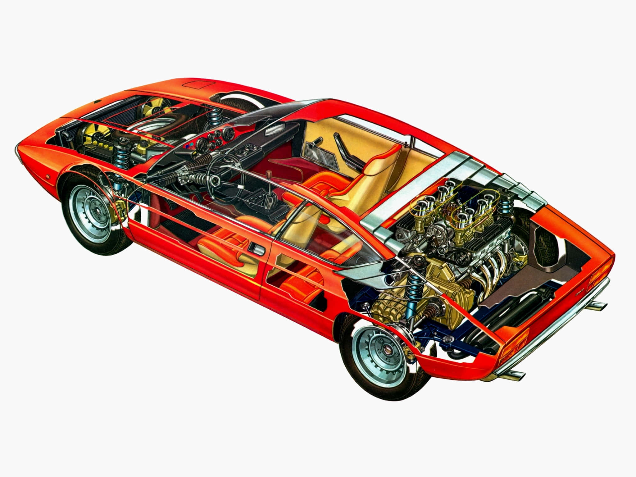 Lamborghini Urraco 桌布 壁紙 — 一幅充滿活力的紅色跑車剖面插圖，揭示了複雜的引擎、懸掛和內部機械結構。