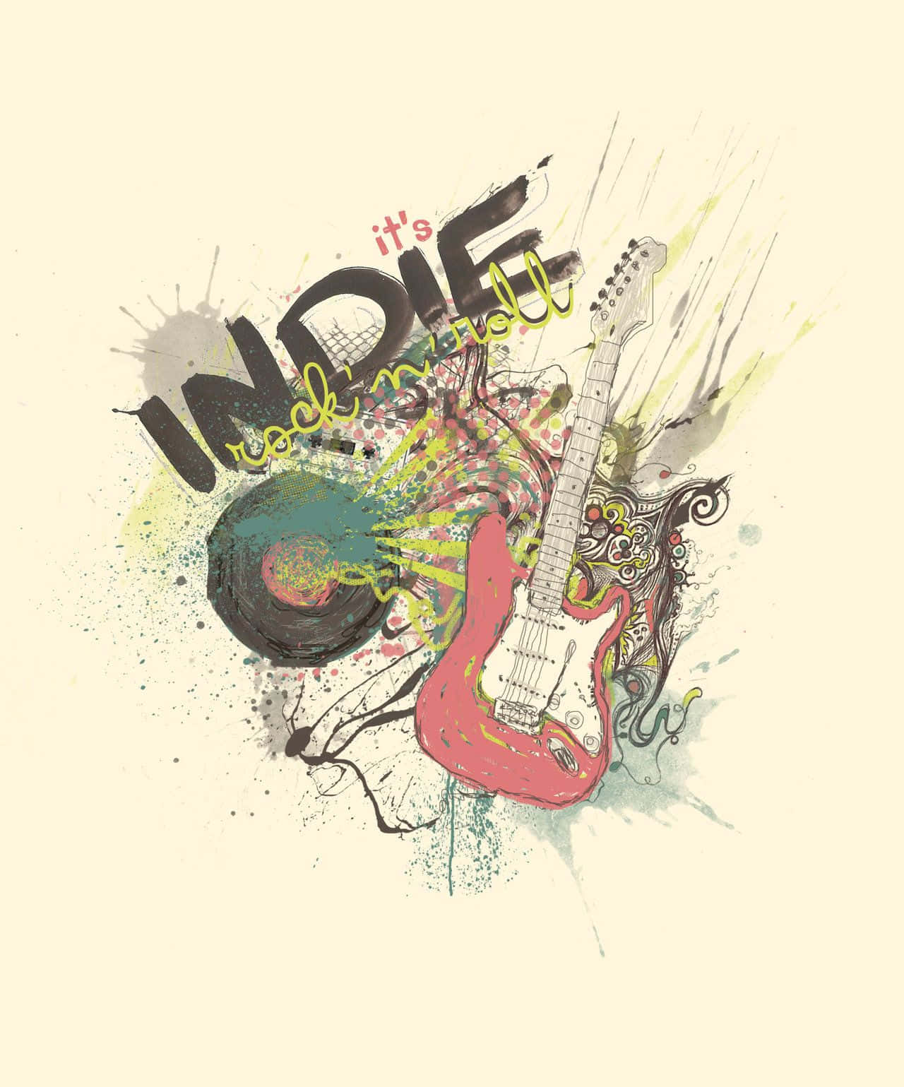 Indie Kid 桌布 壁紙 — 一幅充滿活力的紅色電吉他和黑膠唱片插圖，上面寫著「it's indie rock'n'roll」字樣。