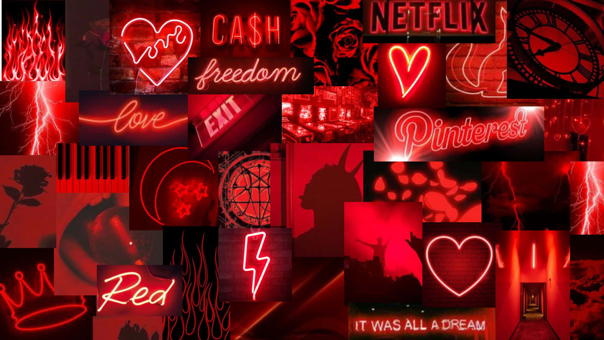 Neon Red Aesthetic 桌布 壁紙 — 一幅充滿活力的紅色霓虹拼貼畫， featuring 心形、現金、自由和品牌標誌在黑暗背景中發光。