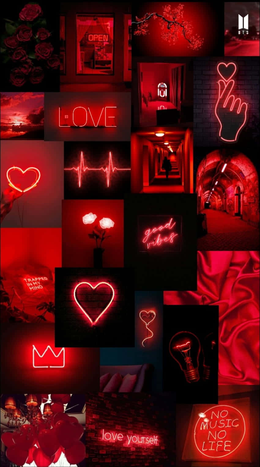 Neon Red Aesthetic 桌布 壁紙 — 一幅充滿活力的紅色霓虹拼貼畫，以心形、愛情標誌和勵志短語在黑暗背景上發光為特色。
