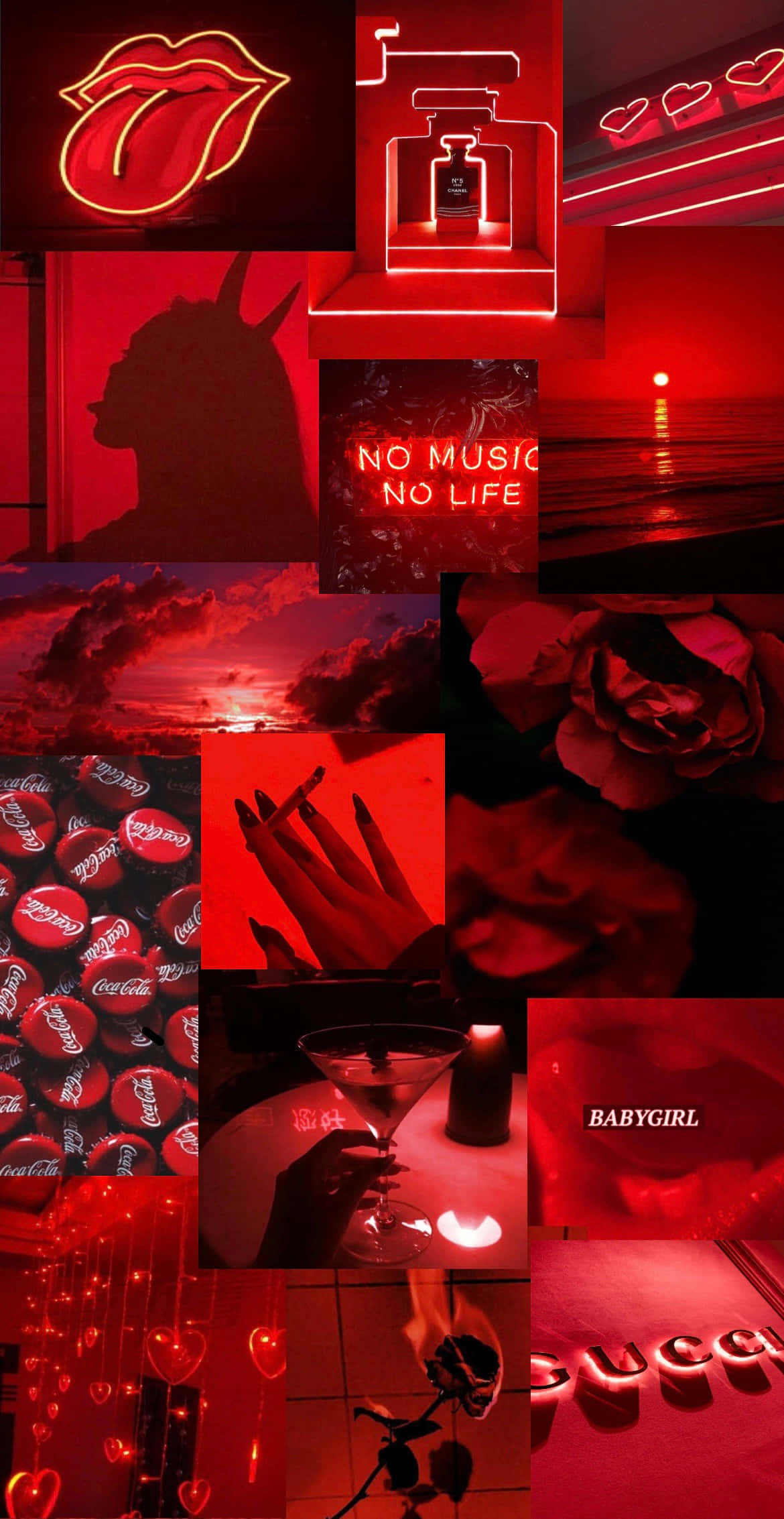 Aesthetic Red 桌布 壁紙 — 一幅充滿活力的紅色霓虹拼貼畫，以嘴唇、香水和可口可樂瓶等標誌性符號為特色，背景為深色。