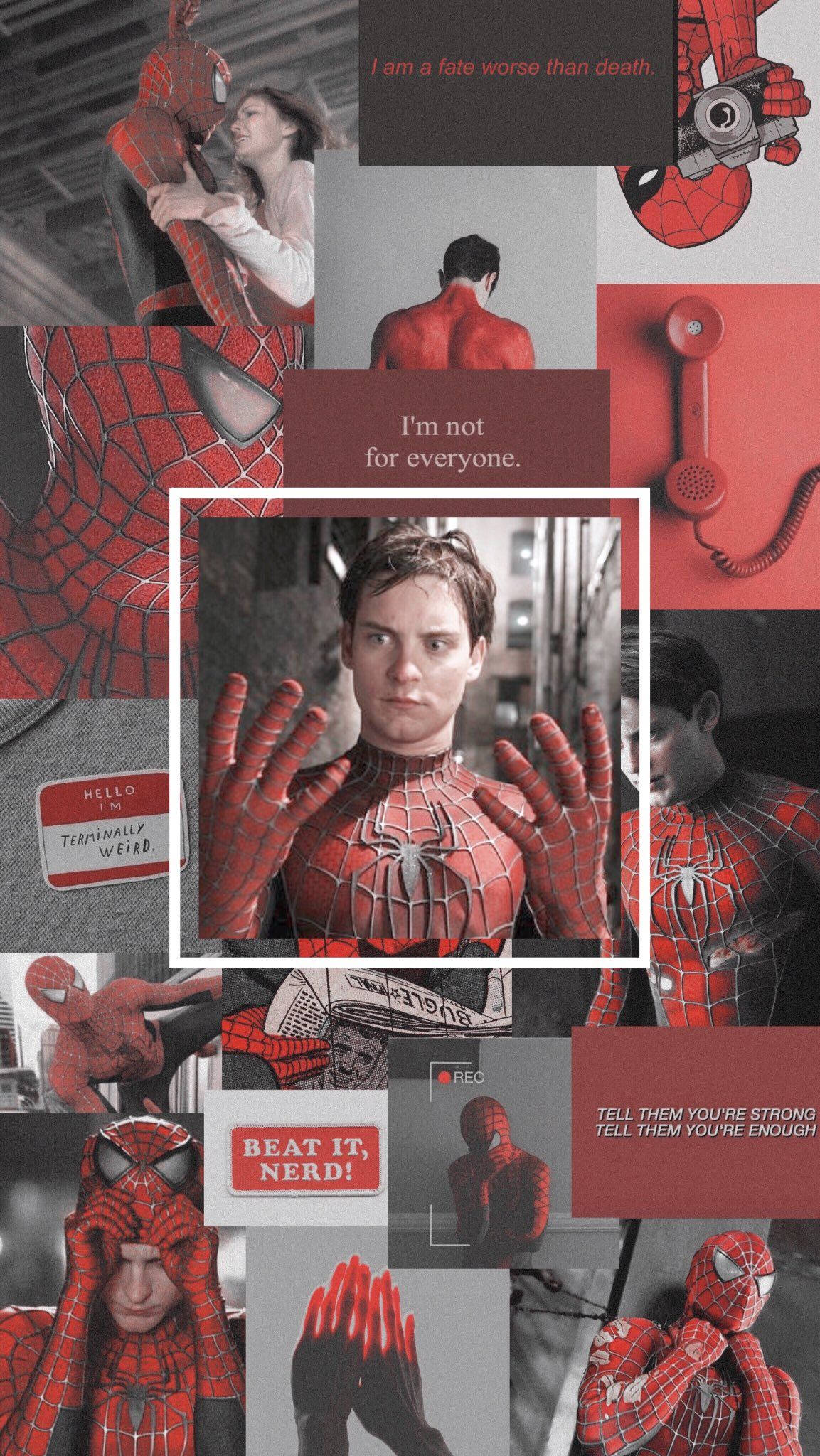 Tobey Maguire 桌布 壁紙 — 一幅充滿活力的紅黑蜘蛛人主題拼貼畫，包含多個標誌性姿勢和來自超級英雄的勵志語錄。