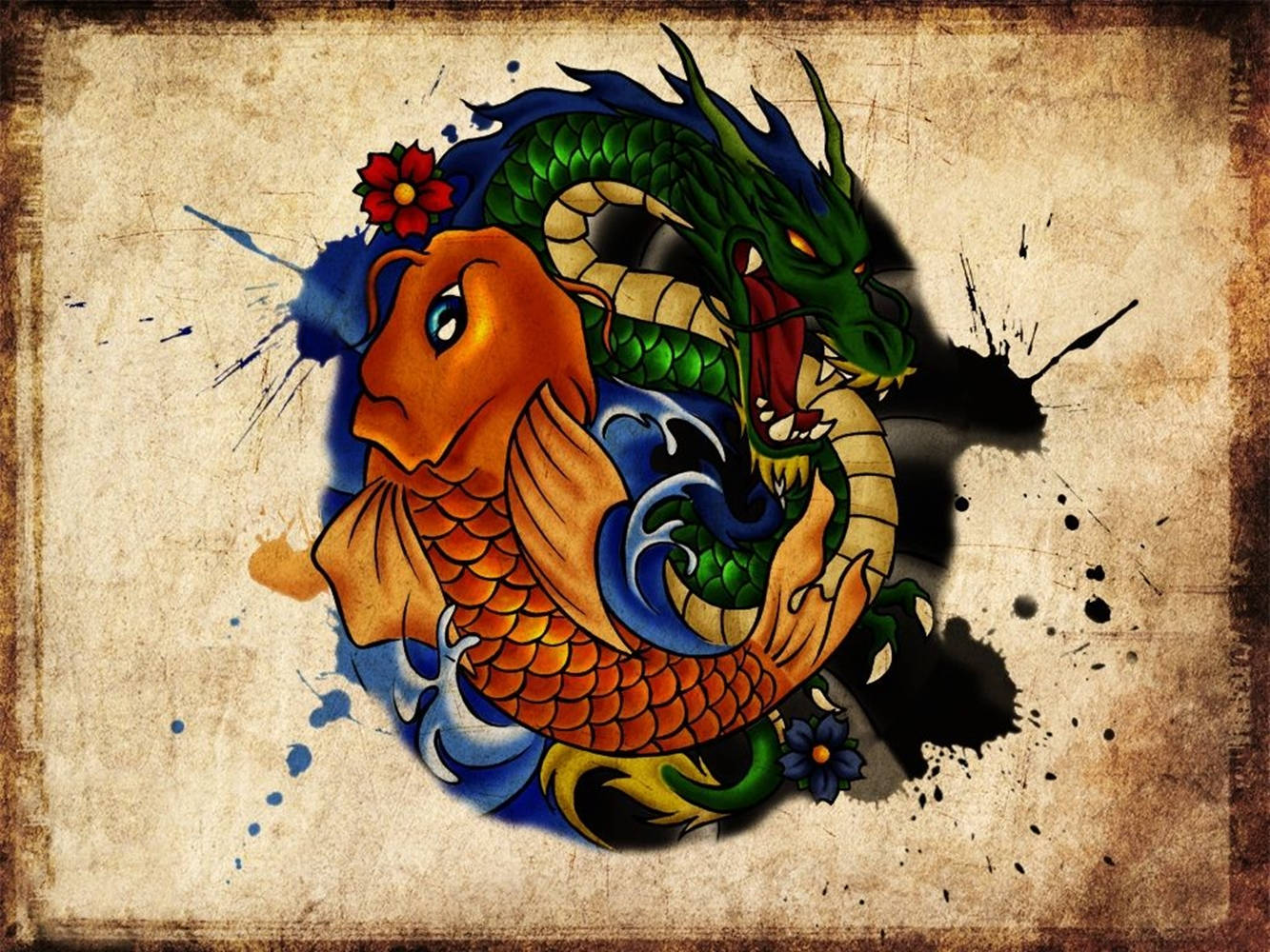 龍 桌布 壁紙 — 一幅充滿活力的紋身風格插圖，描繪了一條綠龍和橙色錦鯉，與藍色波浪和花卉點綴交織在一起，背景是破舊的羊皮紙。