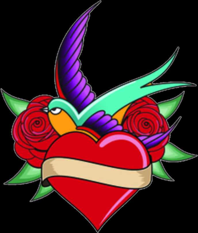 Heart Tattoo 桌布 壁紙 — 一幅充滿活力的紋身風格插圖，描繪了一隻色彩繽紛的鳥棲息在帶有玫瑰和橫幅的紅心上。