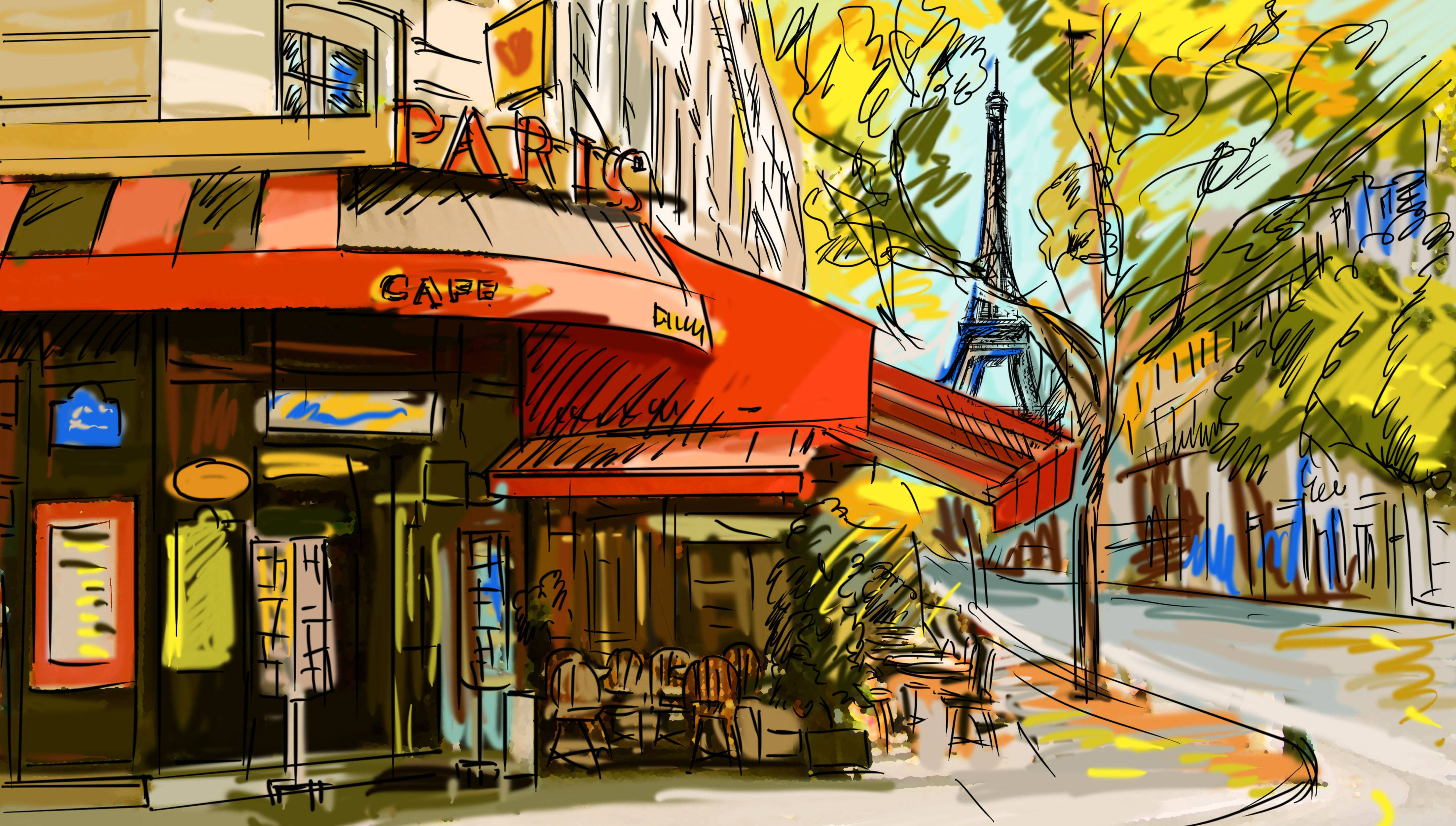Sheesh 桌布 壁紙 — 一幅充滿活力的素描風格巴黎街景，紅色遮陽篷咖啡館和透過秋樹可見的艾菲爾鐵塔。