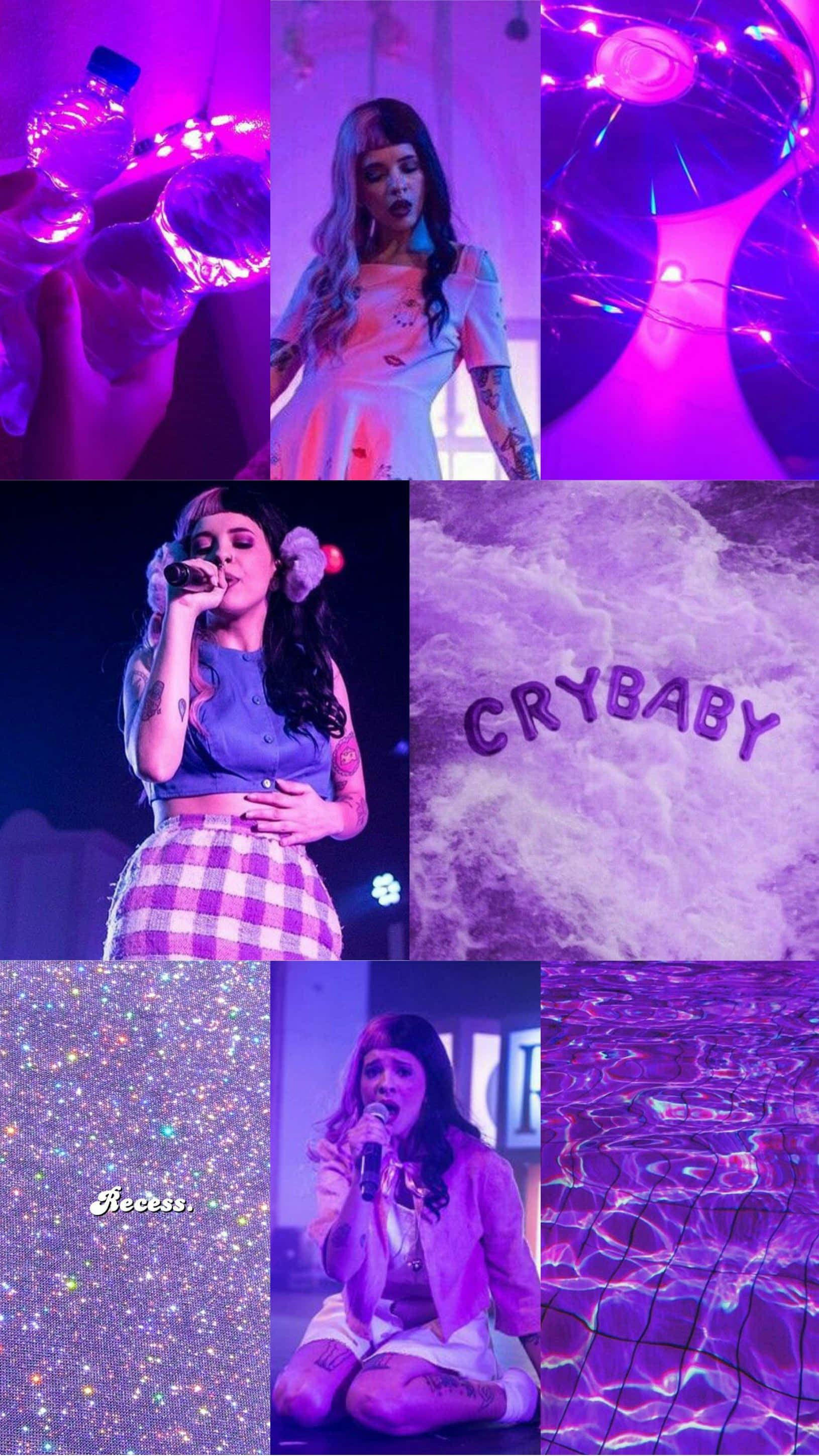 Purple Phone 桌布 壁紙 — 一幅充滿活力的紫色主題拼貼畫， featuring 一位歌手表演、閃爍的質感，以及「CRYBABY」字樣在雲朵背景中發光。