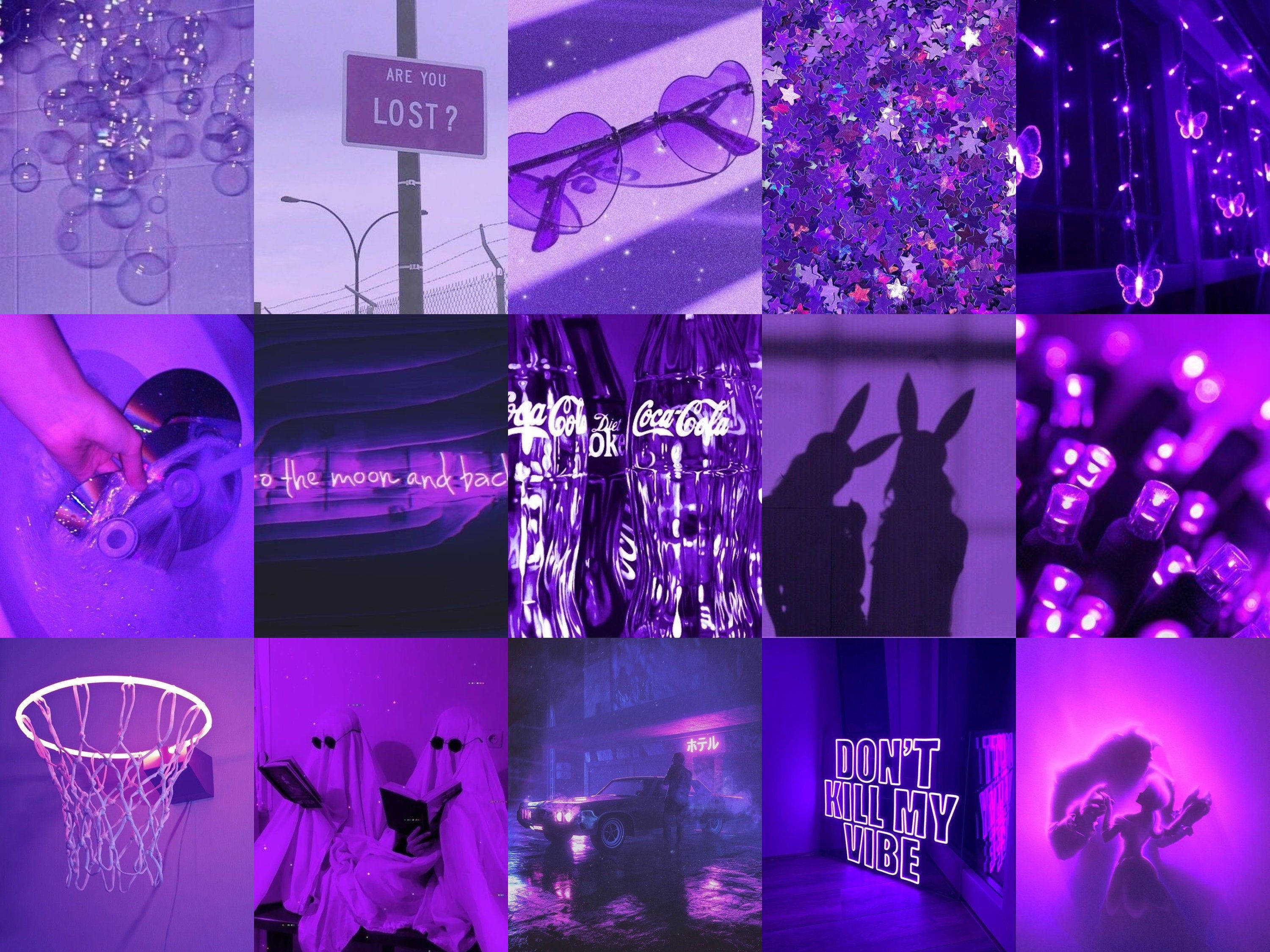 Purple Collage 桌布 壁紙 — 一幅充滿活力的紫色主題拼貼畫， featuring 霓虹燈、閃粉星星、太陽眼鏡和沉浸於夢幻紫色調中的城市街景。