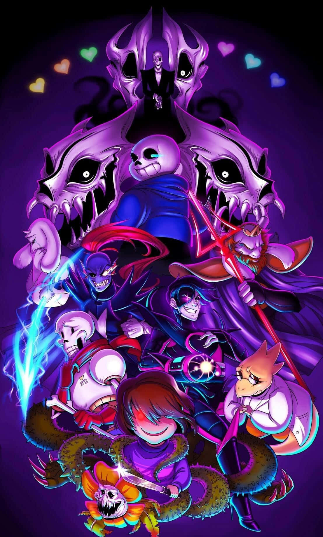 Sans 桌布 壁紙 — 一幅充滿活力的紫色動漫風格插圖，描繪了一群帶有發光眼睛和武器的兇猛卡通角色，背景為深色。