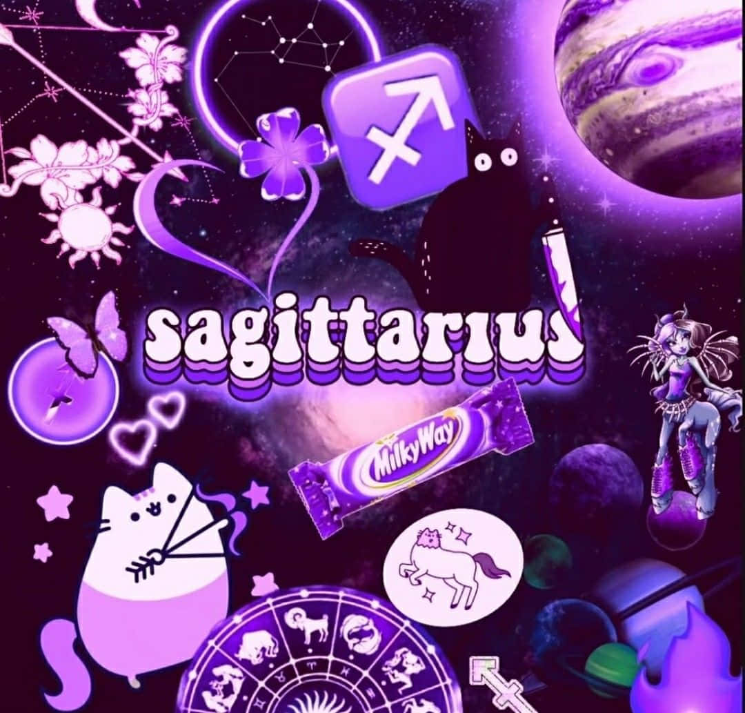 sagittarius 桌布 壁紙 — 一幅充滿活力的紫色宇宙拼貼畫，包含射手座符號、銀河巧克力棒和奇幻角色，背景是星空太空。