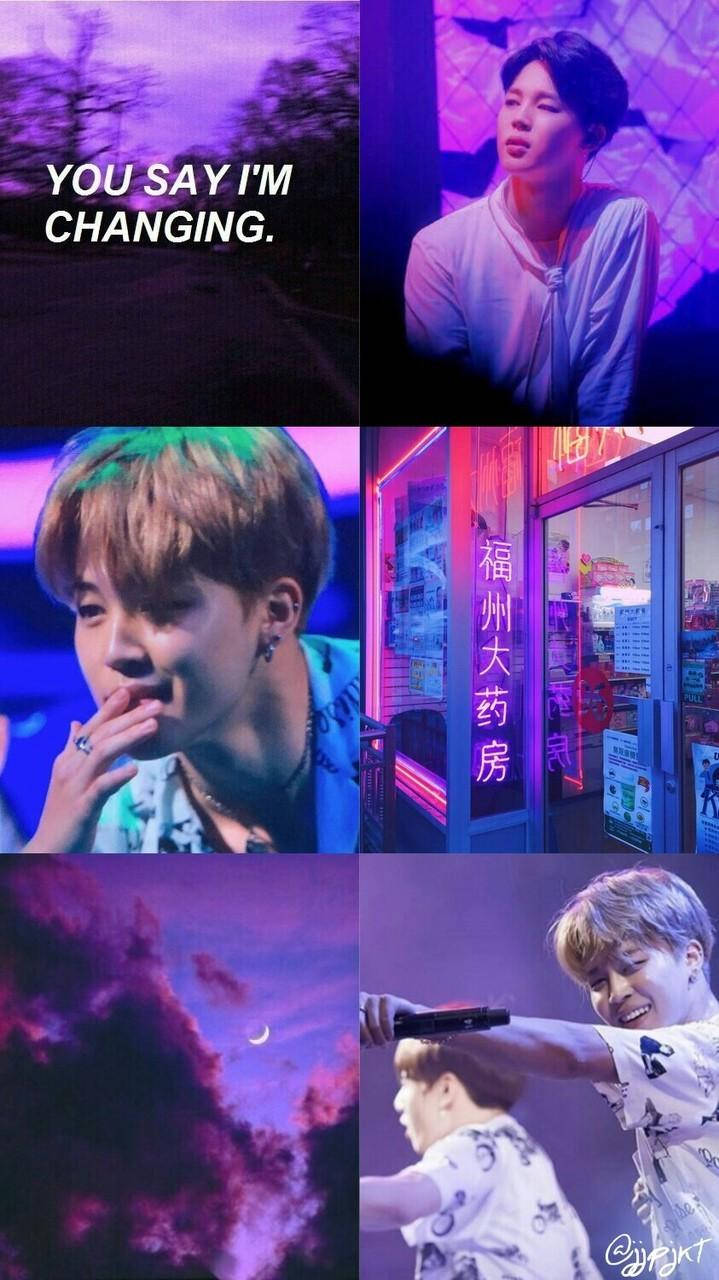 Jimin Aesthetic 桌布 壁紙 — 一幅充滿活力的紫色拼貼畫，以K-pop偶像為特色，場景包括霓虹燈街道和帶有新月戲劇性的天空。