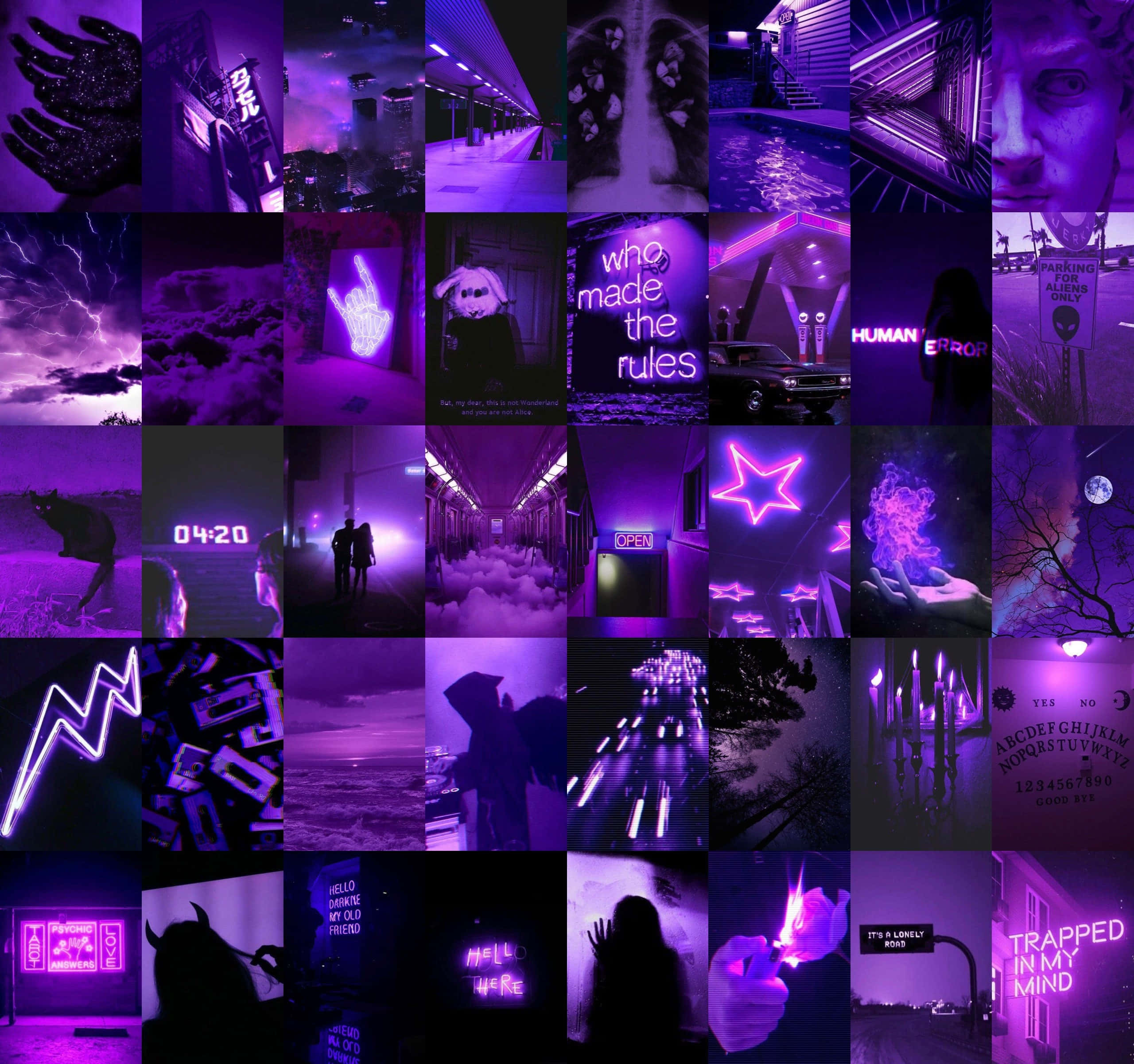 Purple Collage 桌布 壁紙 — 一幅充滿活力的紫色拼貼畫，融合了城市夜景、霓虹燈牌、詭異剪影和超現實意象，營造出陰鬱的賽博龐克氛圍。
