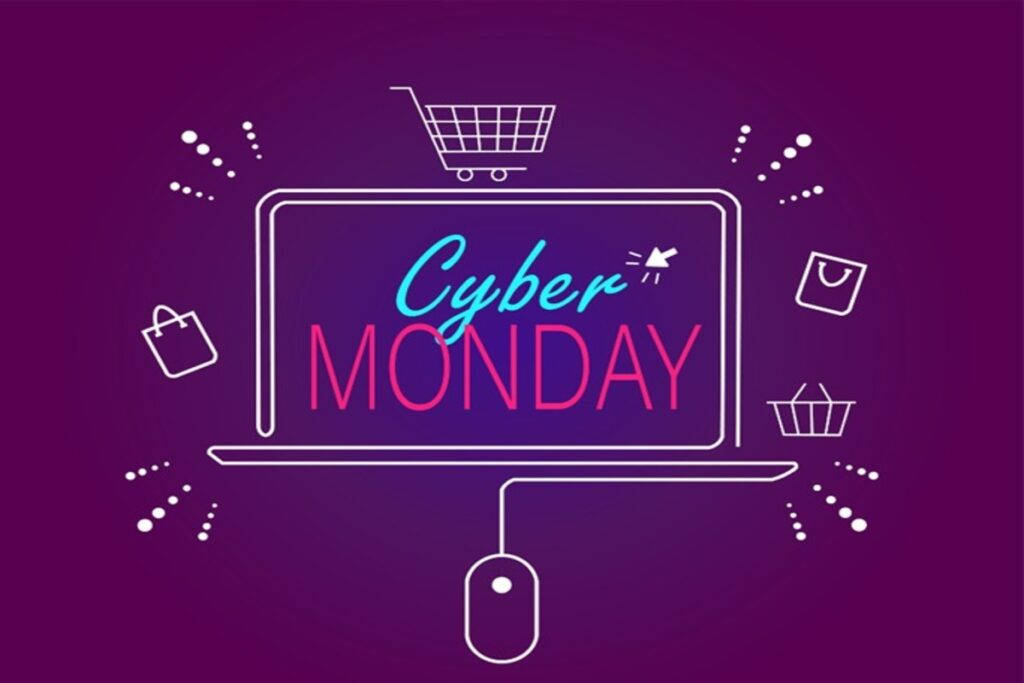 Monday 桌布 壁紙 — 一幅充滿活力的紫色數位插圖，筆記型電腦上顯示「Cyber Monday」文字，並附有購物圖示和滑鼠。