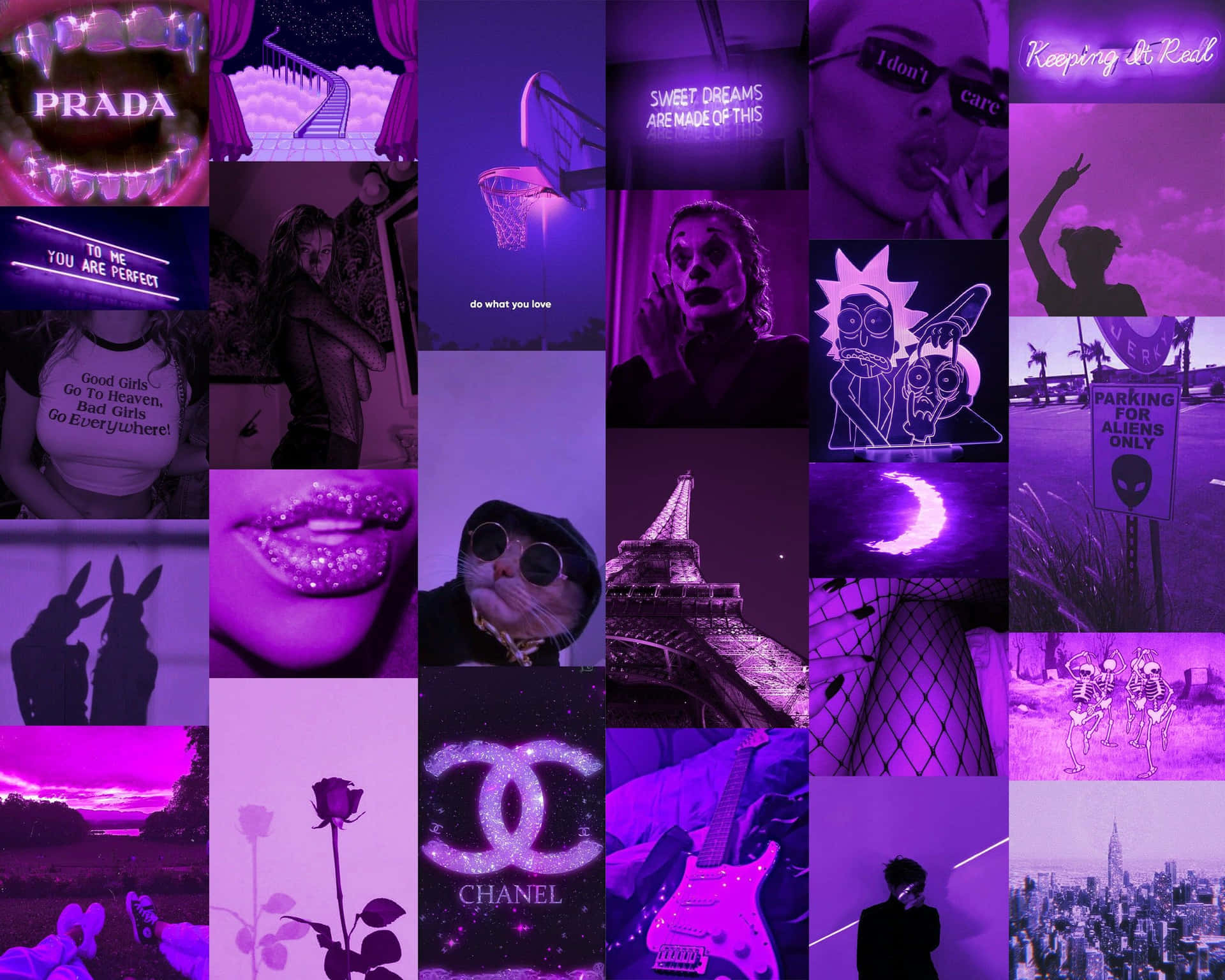 Purple Aesthetic Collage 桌布 壁紙 — 一幅充滿活力的紫色調拼貼畫，包含流行文化圖標、時尚標誌和超現實圖像，包括瑞克和莫蒂、香奈兒和普拉達品牌。