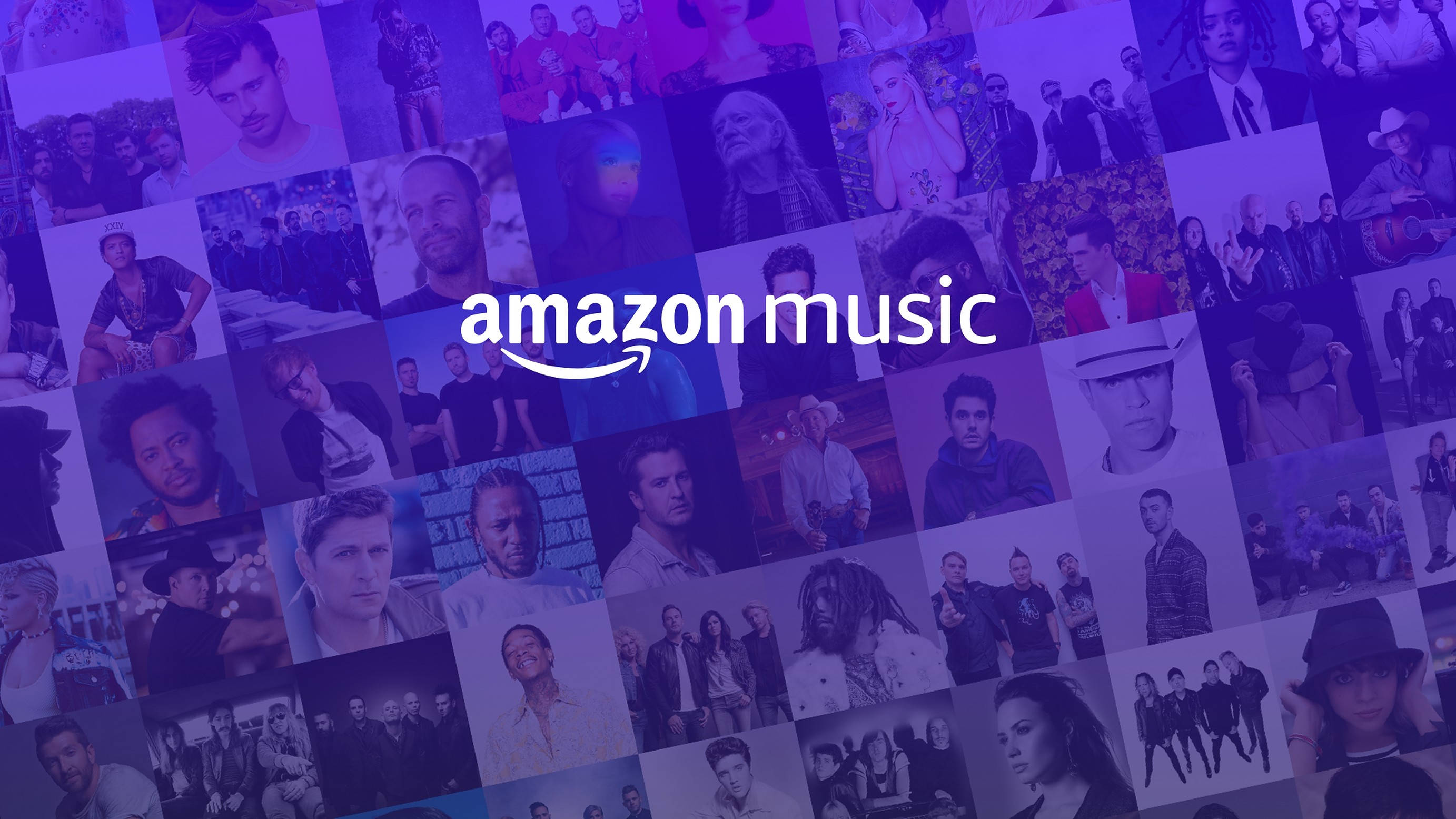 亞馬遜 桌布 壁紙 — 一幅充滿活力的紫色調拼貼畫，展示圍繞Amazon Music標誌的多樣化音樂家和藝術家。