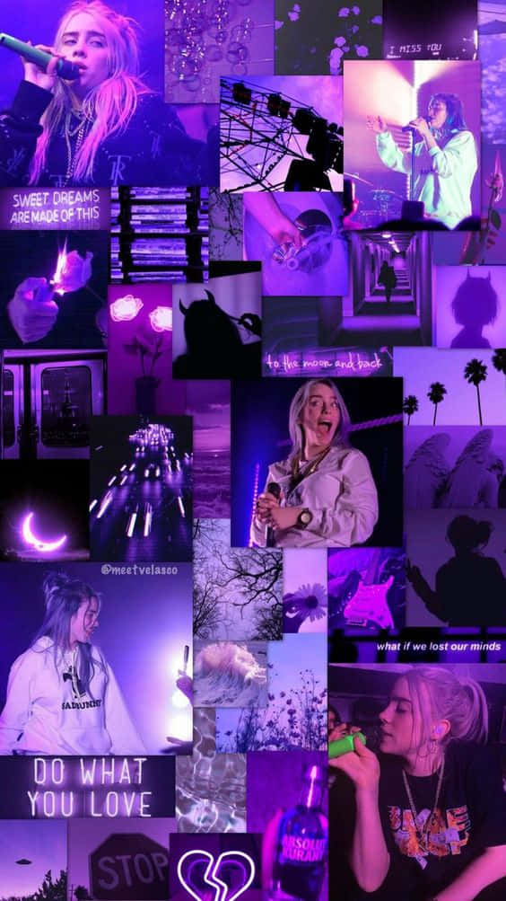 Billie Eilish Purple 桌布 壁紙 — 一幅充滿活力的紫色調拼貼畫，描繪 Billie Eilish 表演、語錄和陰鬱意象，營造出前衛的流行文化美學。