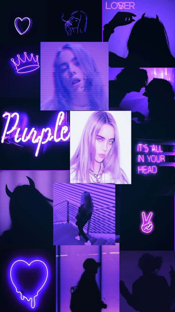 Billie Eilish Purple 桌布 壁紙 — 一幅充滿活力的紫色霓虹拼貼畫，以剪影、發光符號和中央肖像為特色，背景為深色。