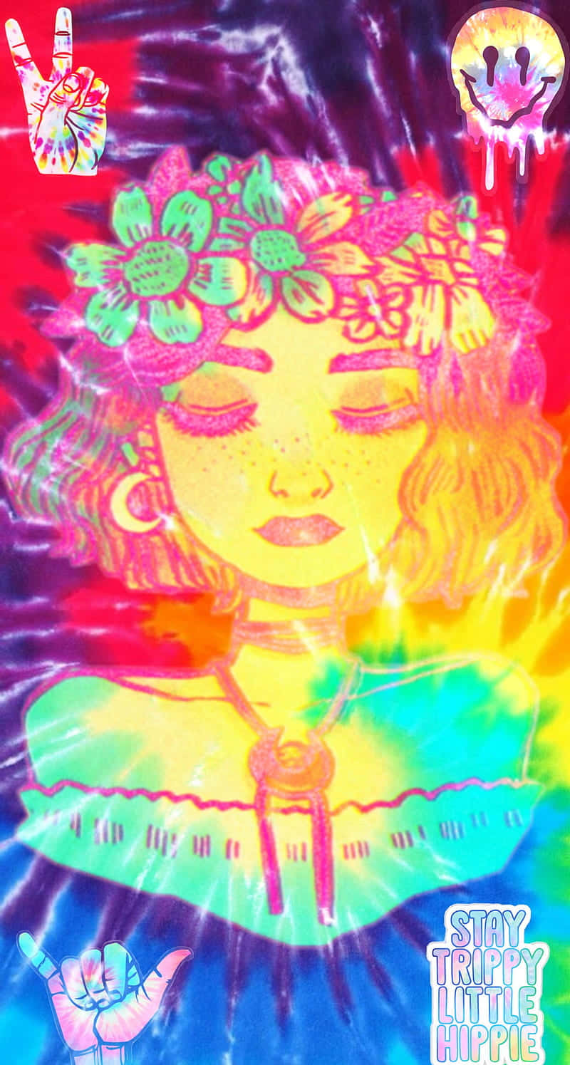 桌布 壁紙 — 一幅充滿活力的紮染插圖，描繪一位頭戴花冠、帶有和平標誌的寧靜女性，在迷幻色彩中閃耀。