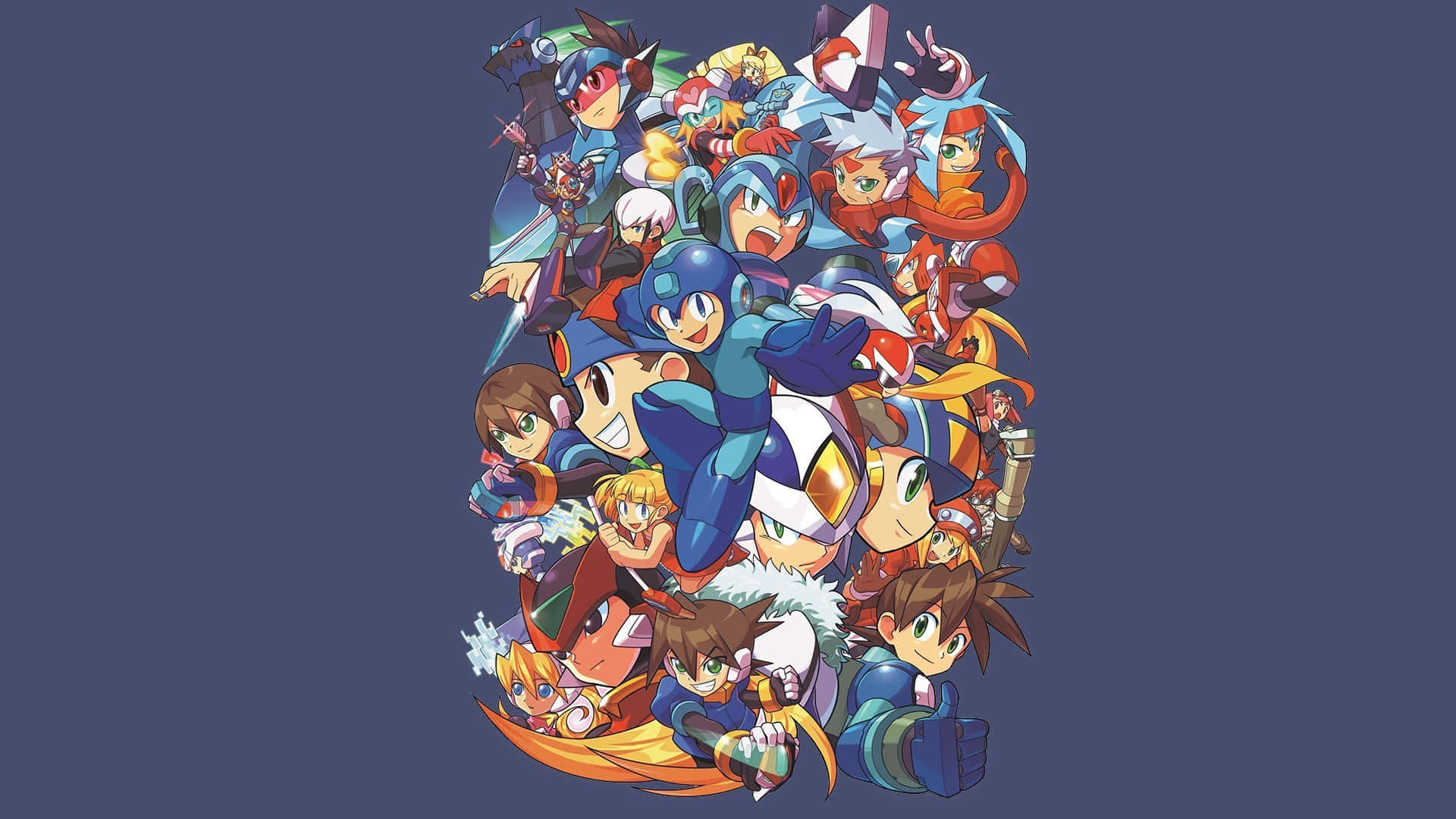 Megaman 桌布 壁紙 — 一幅充滿活力的經典 Mega Man 角色拼貼畫，在深藍色背景下散發著能量。
