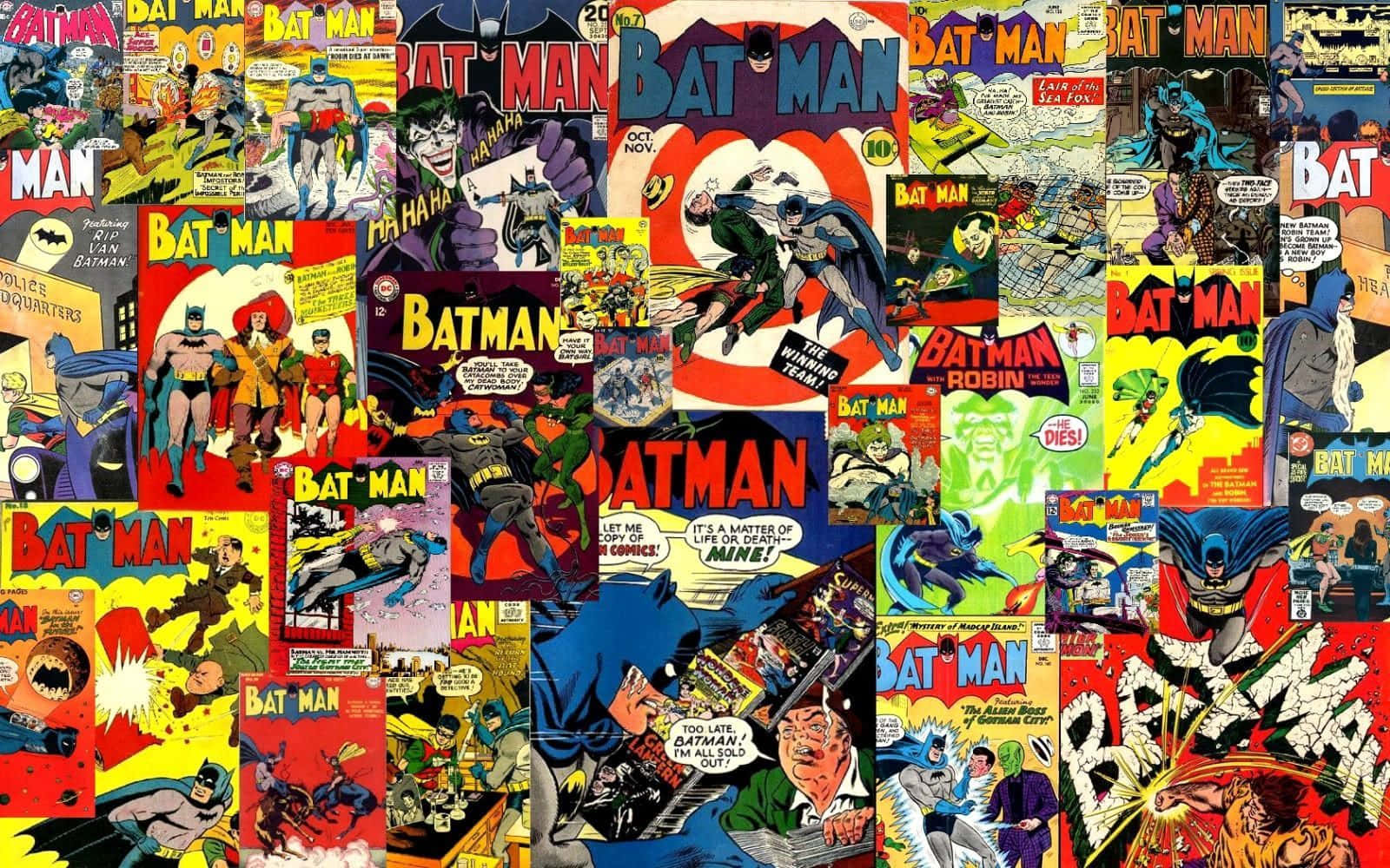 Batman Cartoon 桌布 壁紙 — 一幅充滿活力的經典蝙蝠俠漫畫書封面拼貼畫，色彩大膽，動作場景動感十足。