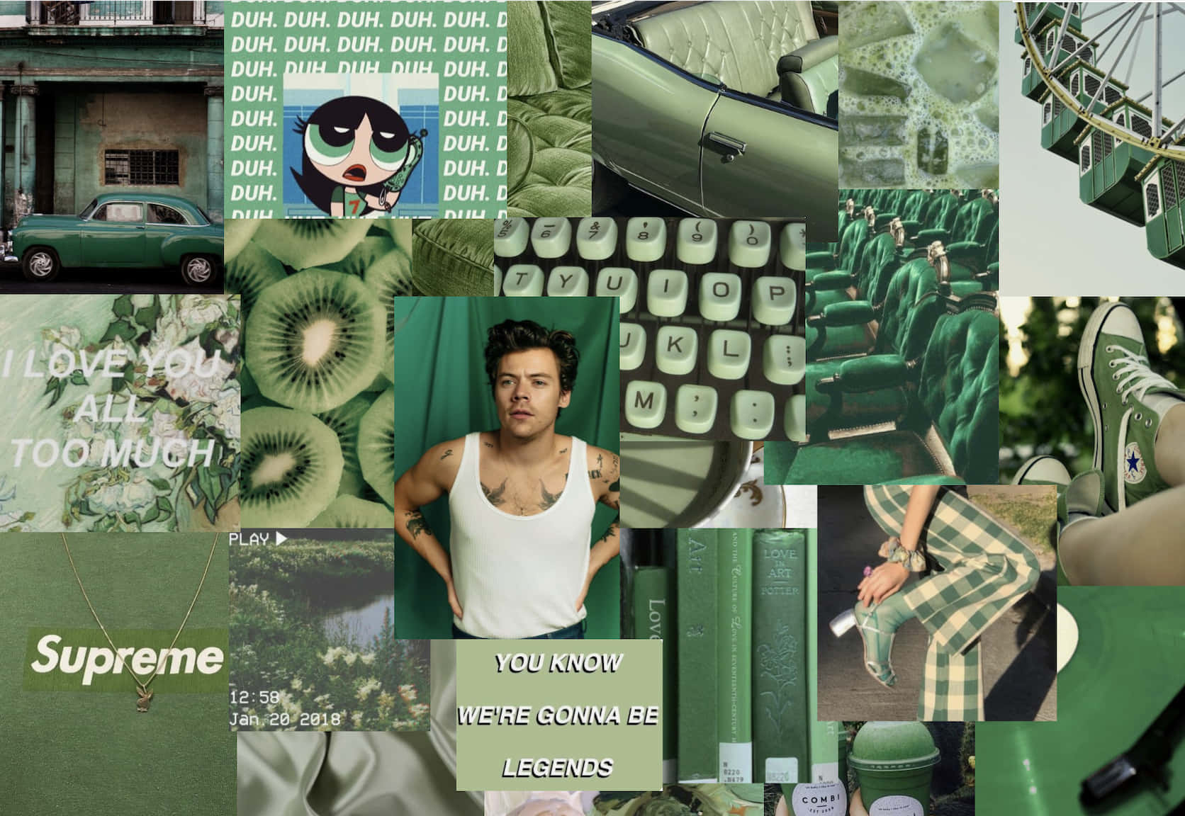 拼貼 桌布 壁紙 — 一幅充滿活力的綠色主題拼貼畫，包含一輛復古汽車、奇異果切片、鍵盤、摩天輪和一張名人照片。