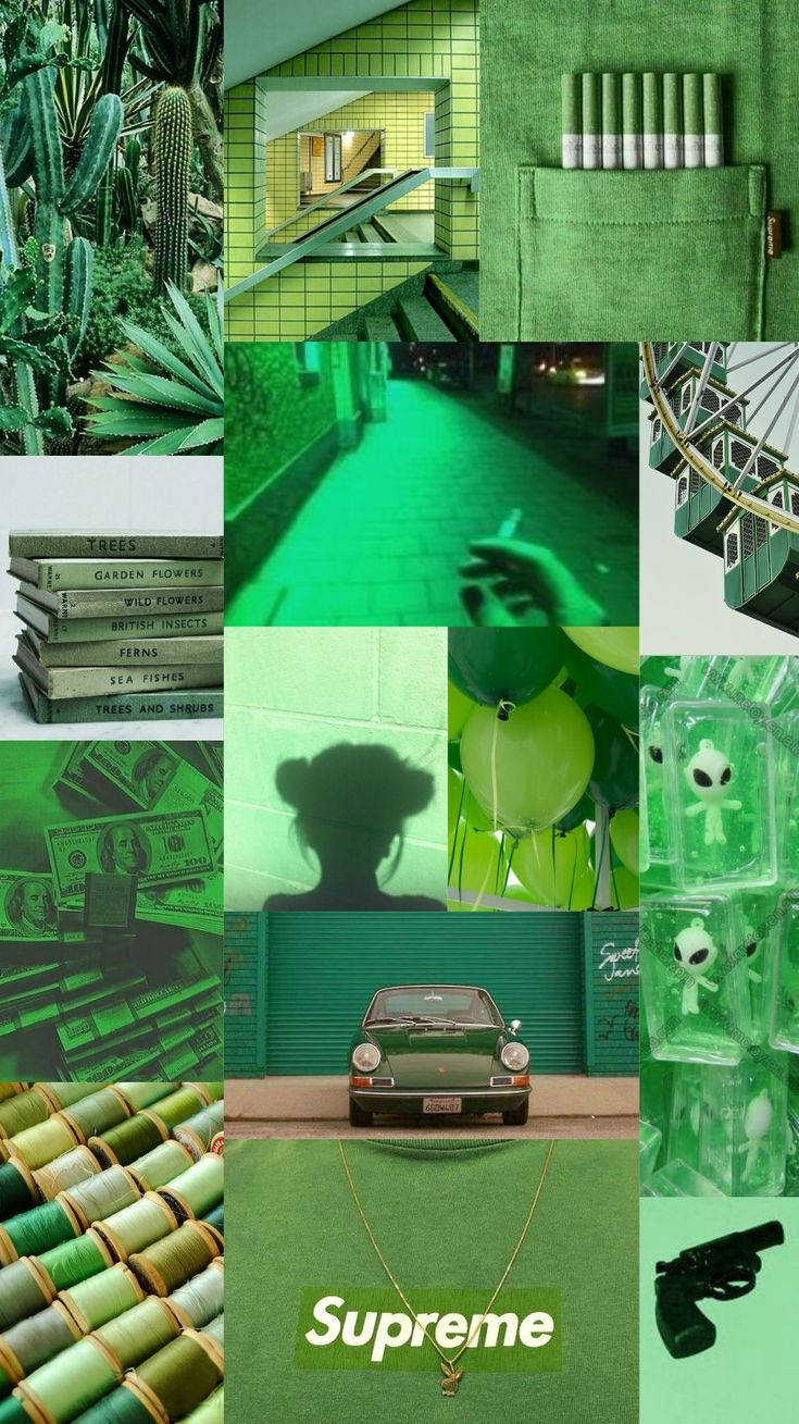 淺綠色系 桌布 壁紙 — 一幅充滿活力的綠色單色拼貼畫， featuring 仙人掌、書籍、汽車和外星主題物品在超現實的城市環境中。