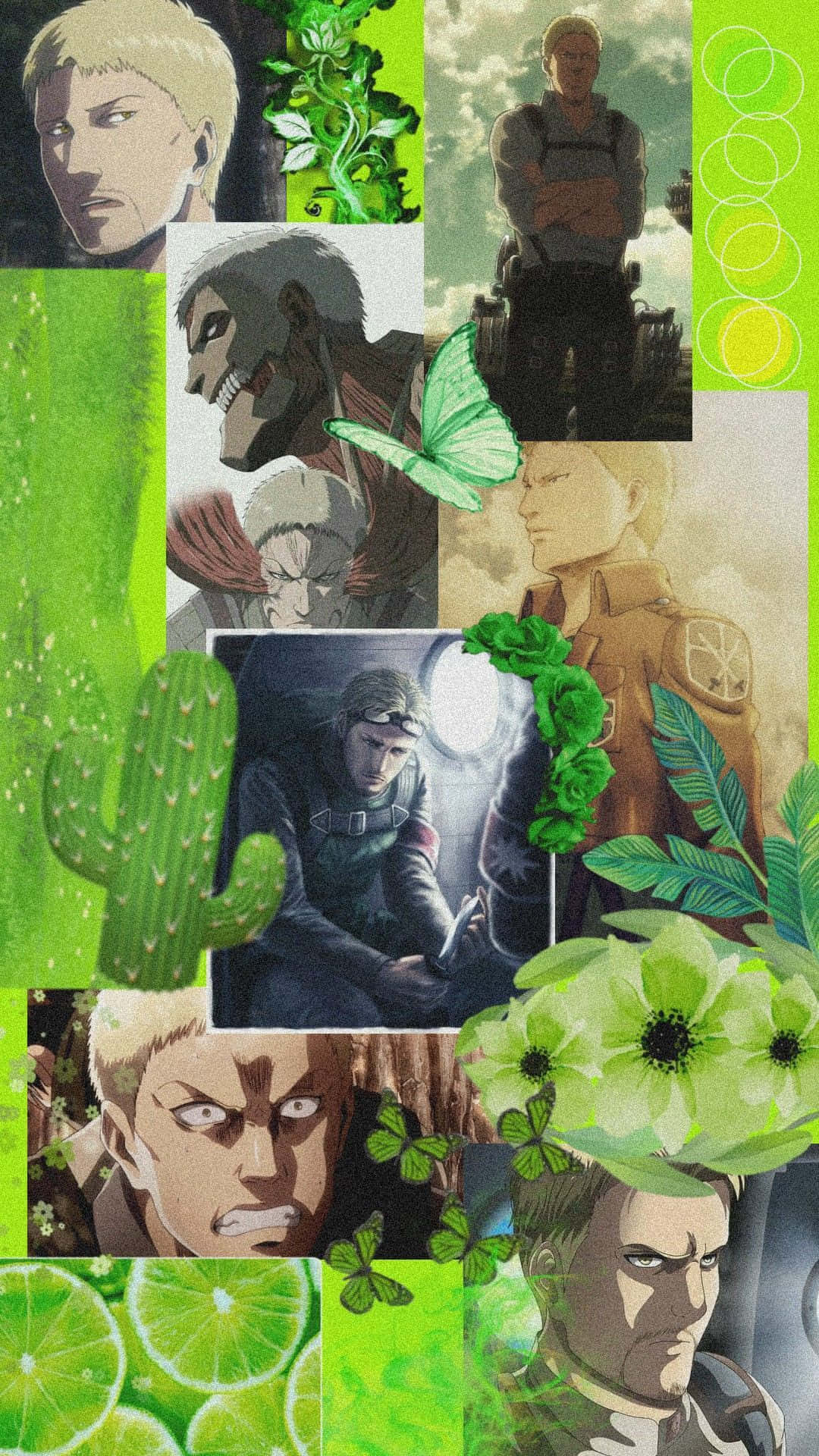 Reiner Braun 桌布 壁紙 — 一幅充滿活力的綠色拼貼畫，包含《進擊的巨人》動畫角色，並穿插仙人掌、蝴蝶和萊姆片。