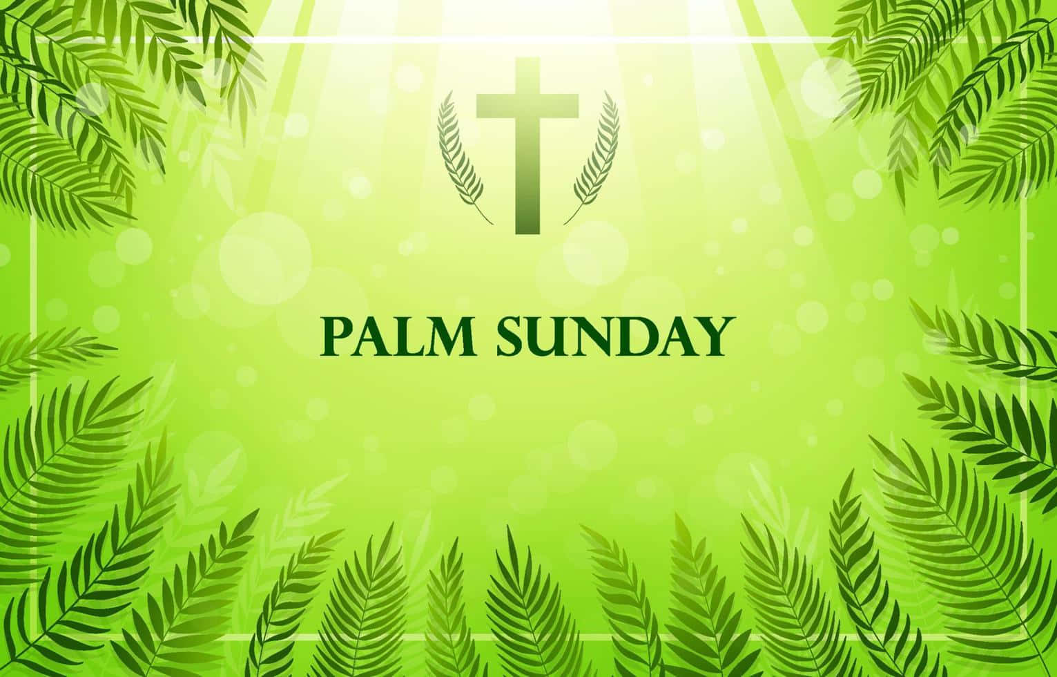 Palm Sunday 桌布 壁紙 — 一幅充滿活力的綠色數位插圖，中央有一個十字架，兩側有棕櫚葉，下方有發光的「PALM SUNDAY」文字。
