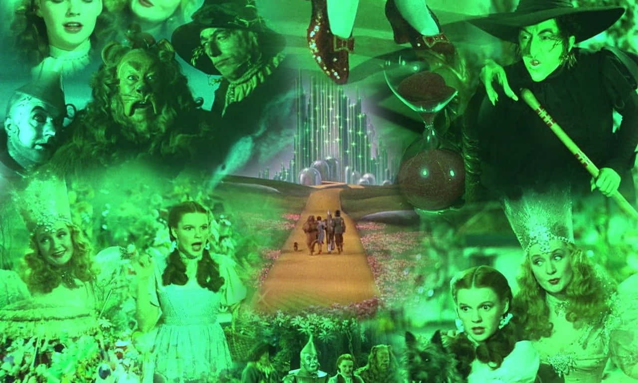 wizard of oz 桌布 壁紙 — 一幅充滿活力的綠色調拼貼畫，描繪了《綠野仙蹤》中的角色和場景，包括桃樂絲、邪惡女巫和標誌性地標。