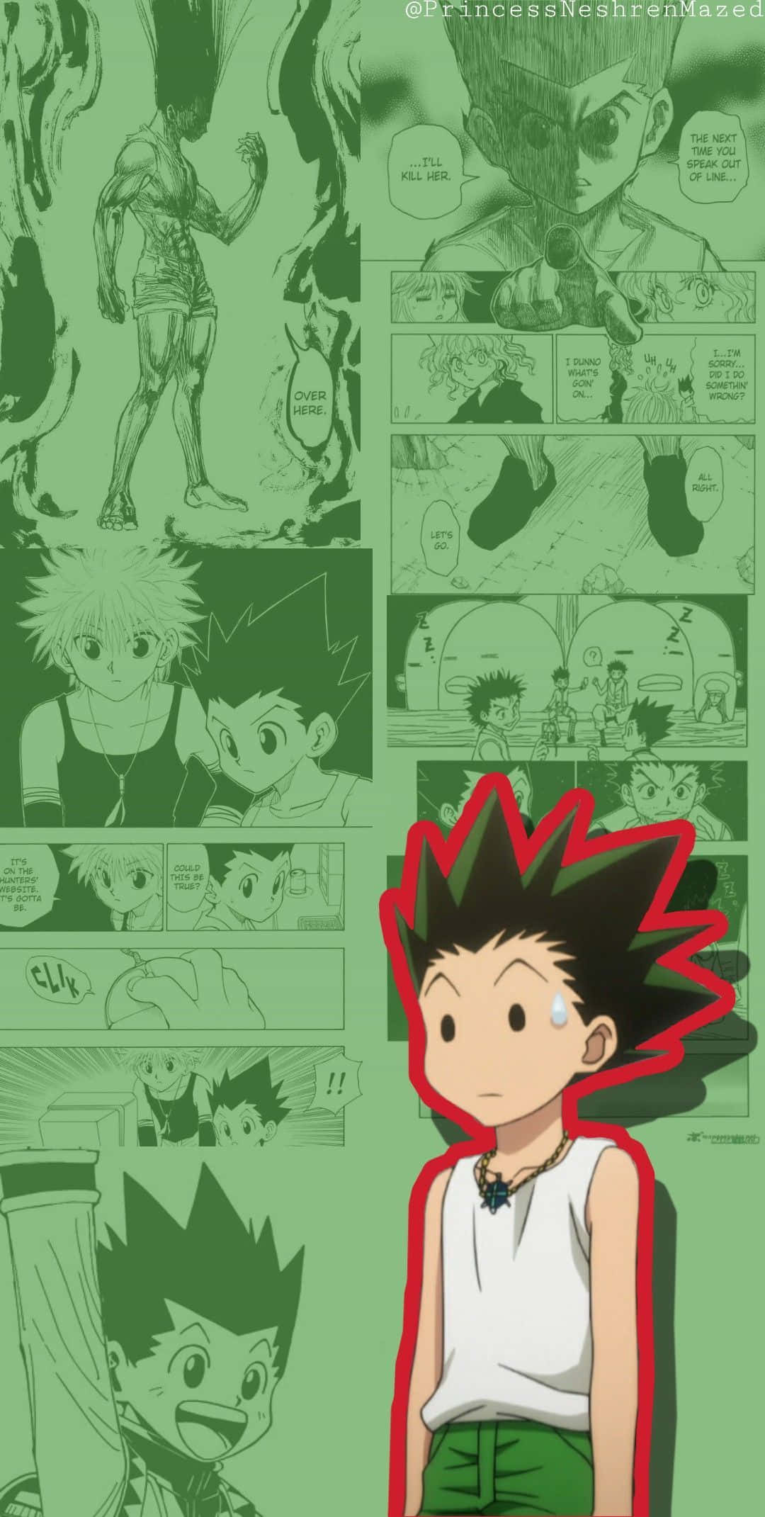 桌布 壁紙 — 一幅充滿活力的綠色調漫畫拼貼畫， featuring Gon Freecss from Hunter x Hunter，帶有漫畫格子和富有表現力的角色藝術。