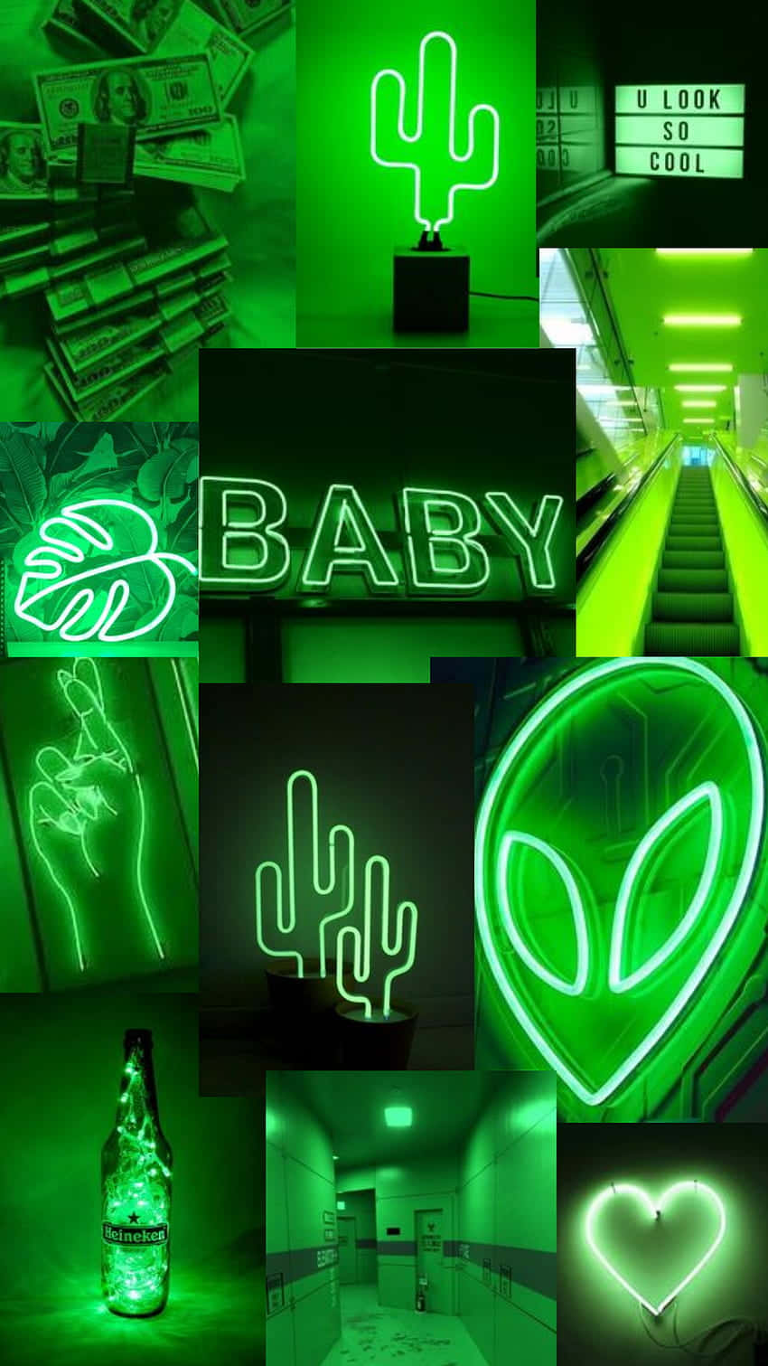 Neon Green Aesthetic 桌布 壁紙 — 一幅充滿活力的綠色霓虹拼貼畫，以仙人掌外星人、心形、標誌和金錢為特色，在單色光芒下呈現。