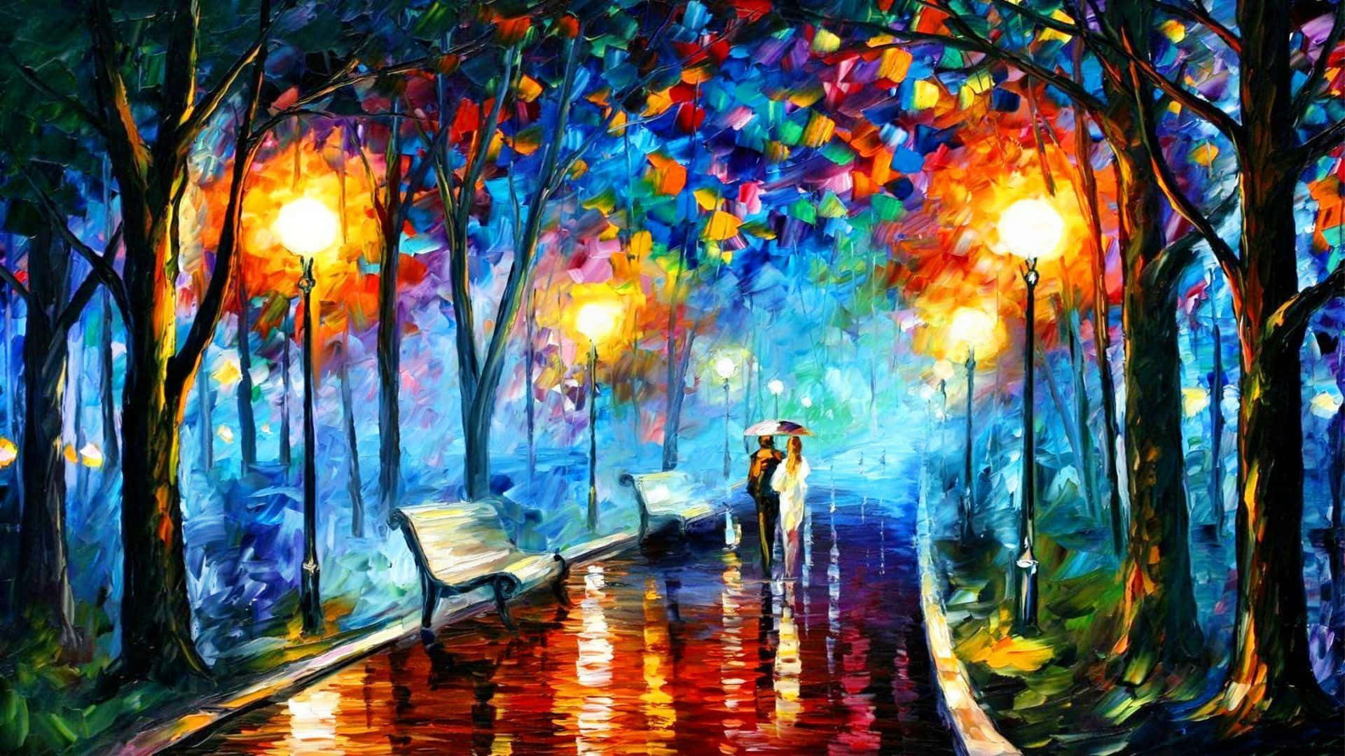 Painting 桌布 壁紙 — 一幅充滿活力的繪畫場景，一對情侶在雨傘下沿著濕漉漉的公園小徑行走，小徑兩旁有發光的街燈和色彩繽紛的樹木。