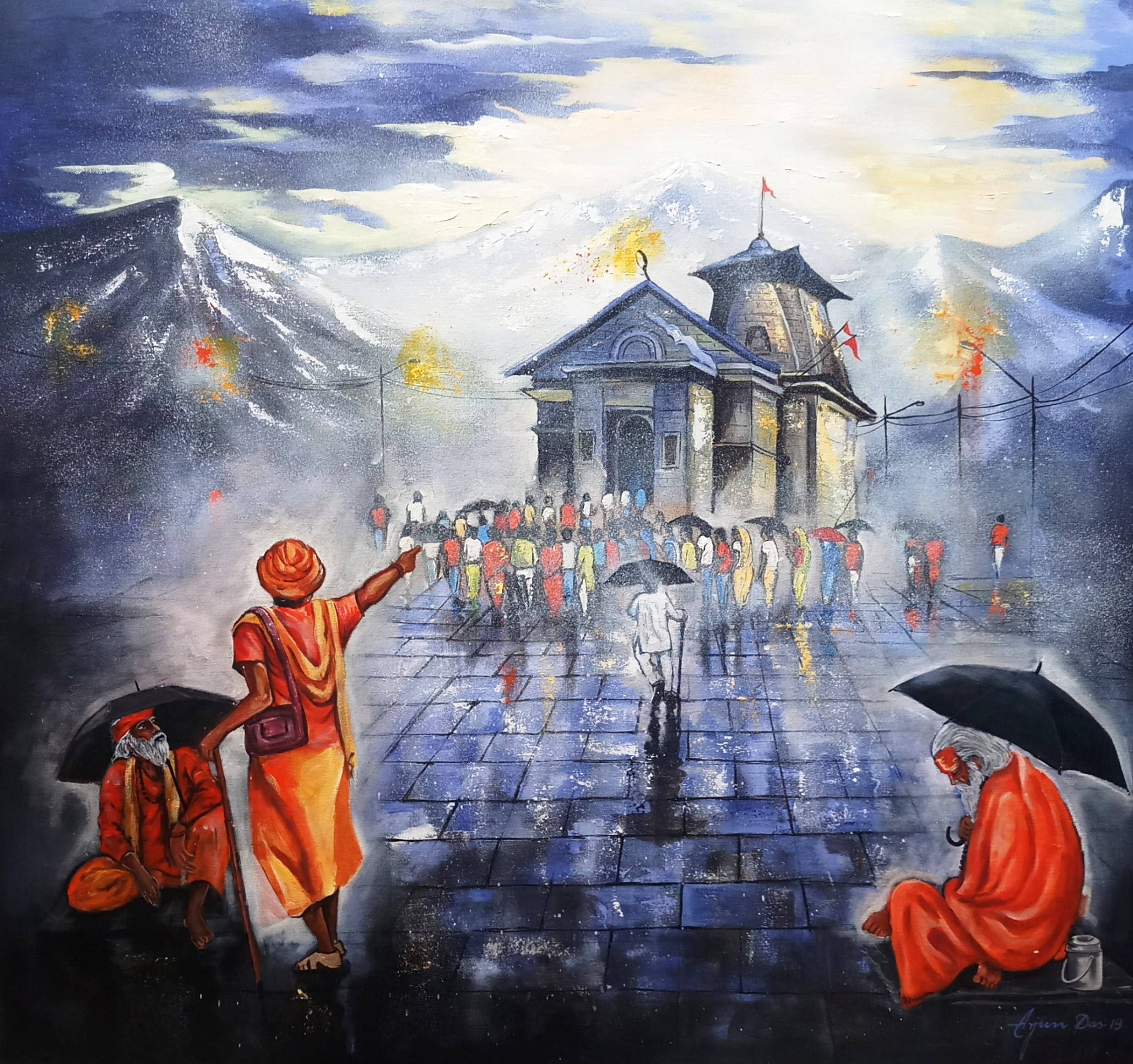 Kedarnath 桌布 壁紙 — 一幅充滿活力的繪畫場景，描繪朝聖者在暴風雨的天空下走向寺廟，背景是白雪覆蓋的山脈。