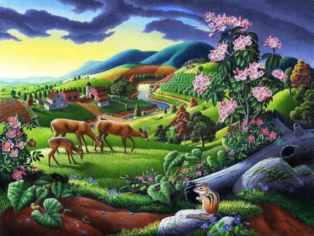 animals 桌布 壁紙 — 一幅充滿活力的繪畫風景，鹿在農舍附近吃草，粉紅色的花朵和起伏的山丘，天空戲劇性。
