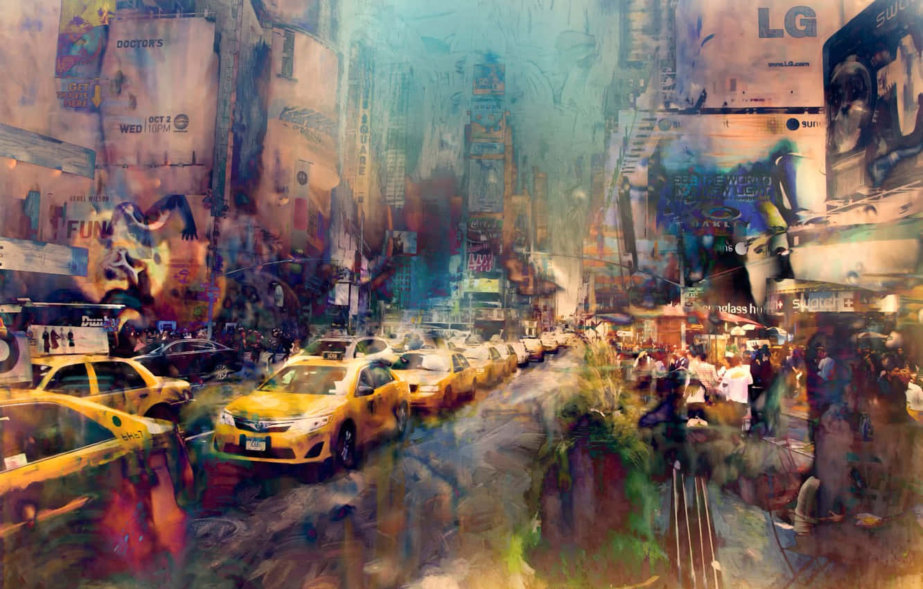New York Art 桌布 壁紙 — 一幅充滿活力的繪畫風格城市街道景象，街道上擠滿黃色計程車和發光的廣告看板，天空略帶朦朧。