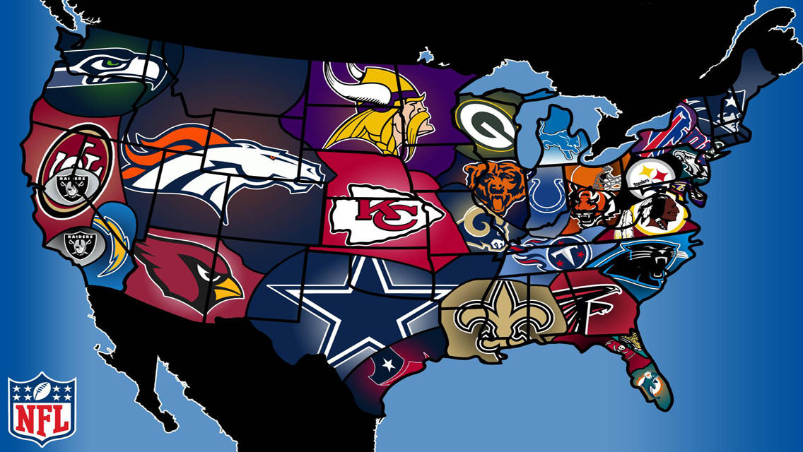 NFL 桌布 壁紙 — 一幅充滿活力的美國地圖，每個州都填滿了NFL球隊標誌，並以球隊顏色凸顯。
