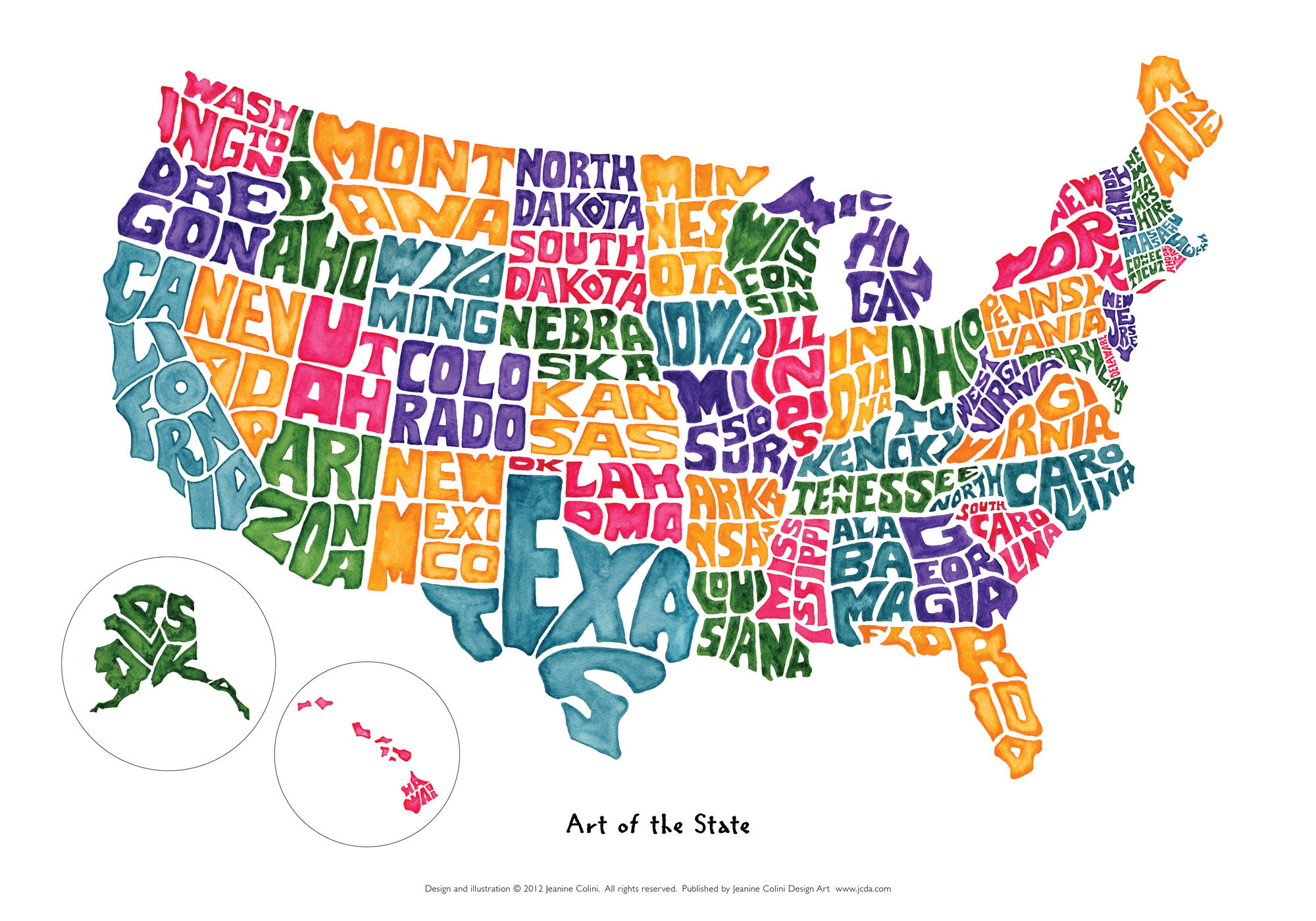 United States Map 桌布 壁紙 — 一幅充滿活力的美國字體地圖，每個州都以色彩繽紛、多樣化的字體標示在白色背景上。