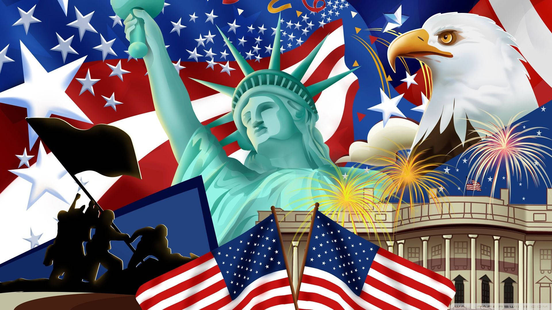 4th Of July 桌布 壁紙 — 一幅充滿活力的美國象徵拼貼畫，包括自由女神像、白頭鷹、煙火和旗幟，背景是星空。
