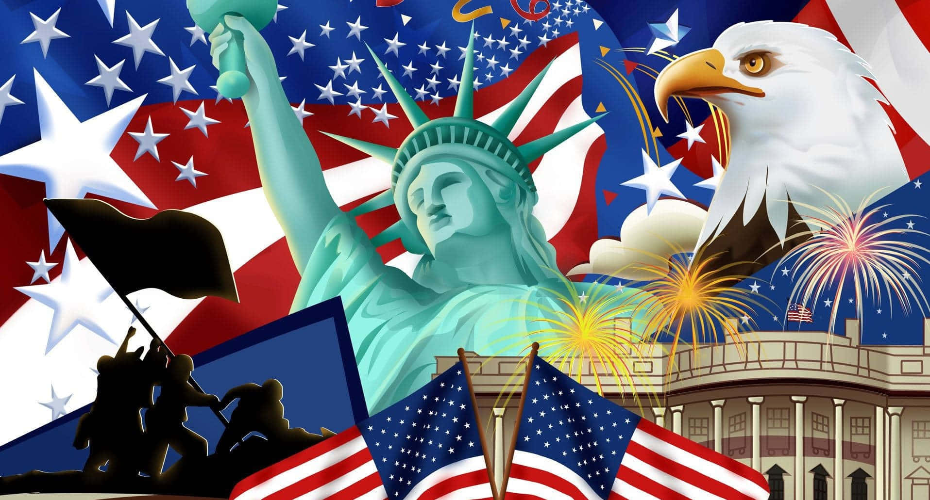 Cute 4th Of July 桌布 壁紙 — 一幅充滿活力的美國象徵拼貼畫，包括自由女神像、白頭鷹、煙火和旗幟，背景是星條旗。