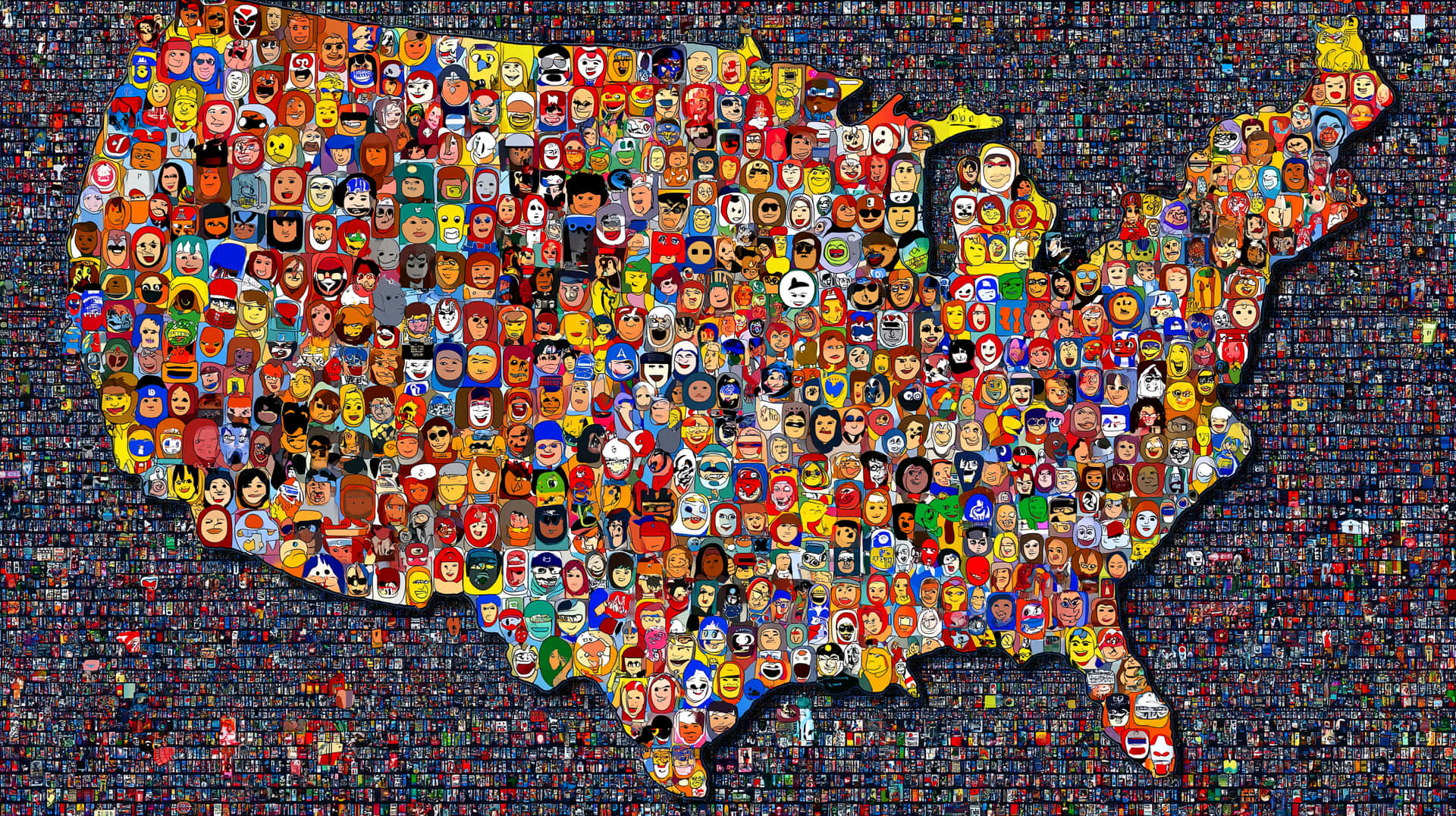 Diverse Faces Forming a National Mosaic of Humanity 壁紙 — 一幅充滿活力的美國馬賽克地圖，由數千個色彩繽紛的卡通面孔和表情符號組成。