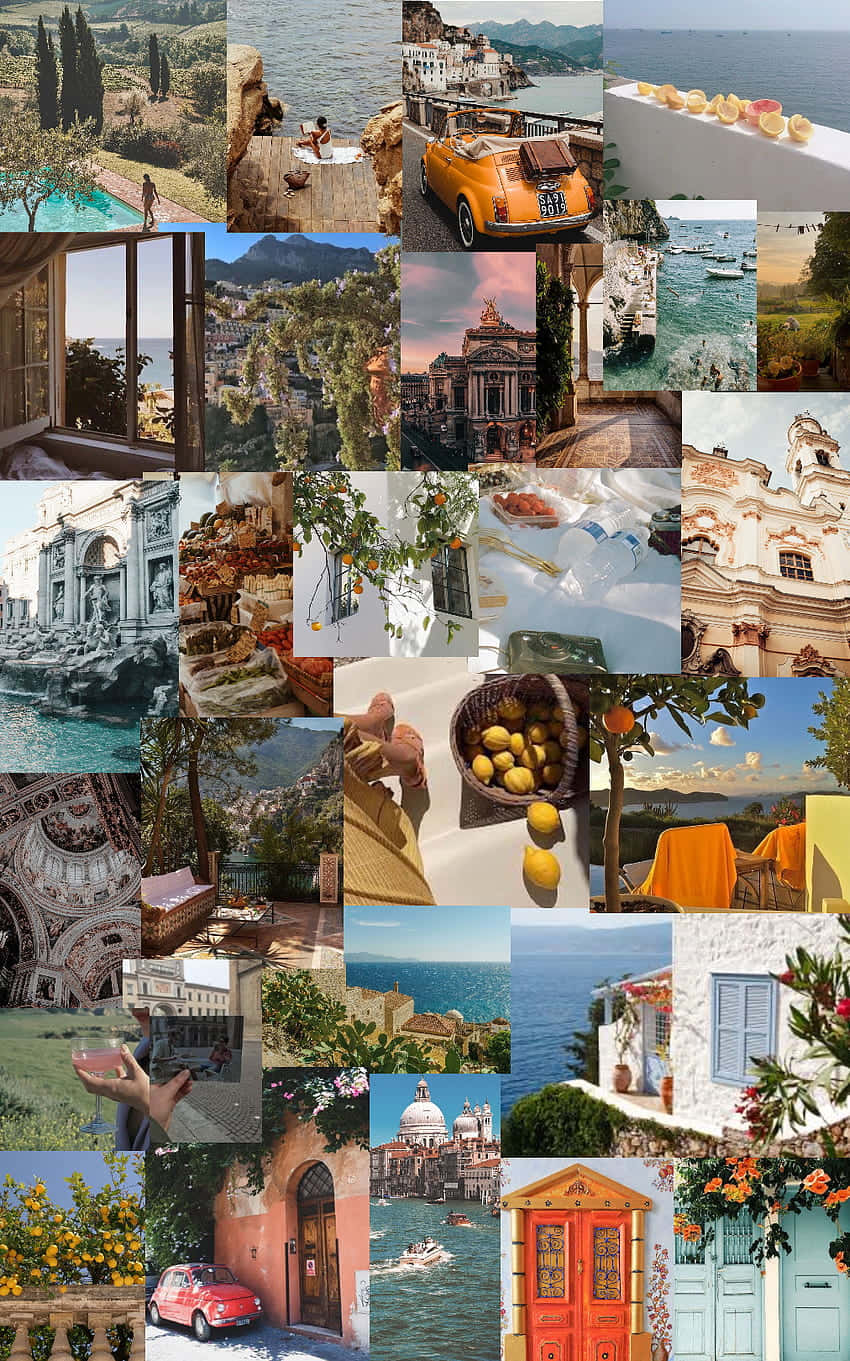 Italy Aesthetic 桌布 壁紙 — 一幅充滿活力的義大利海岸場景拼貼畫， featuring 檸檬園、歷史建築、經典汽車和陽光普照的海濱景色。